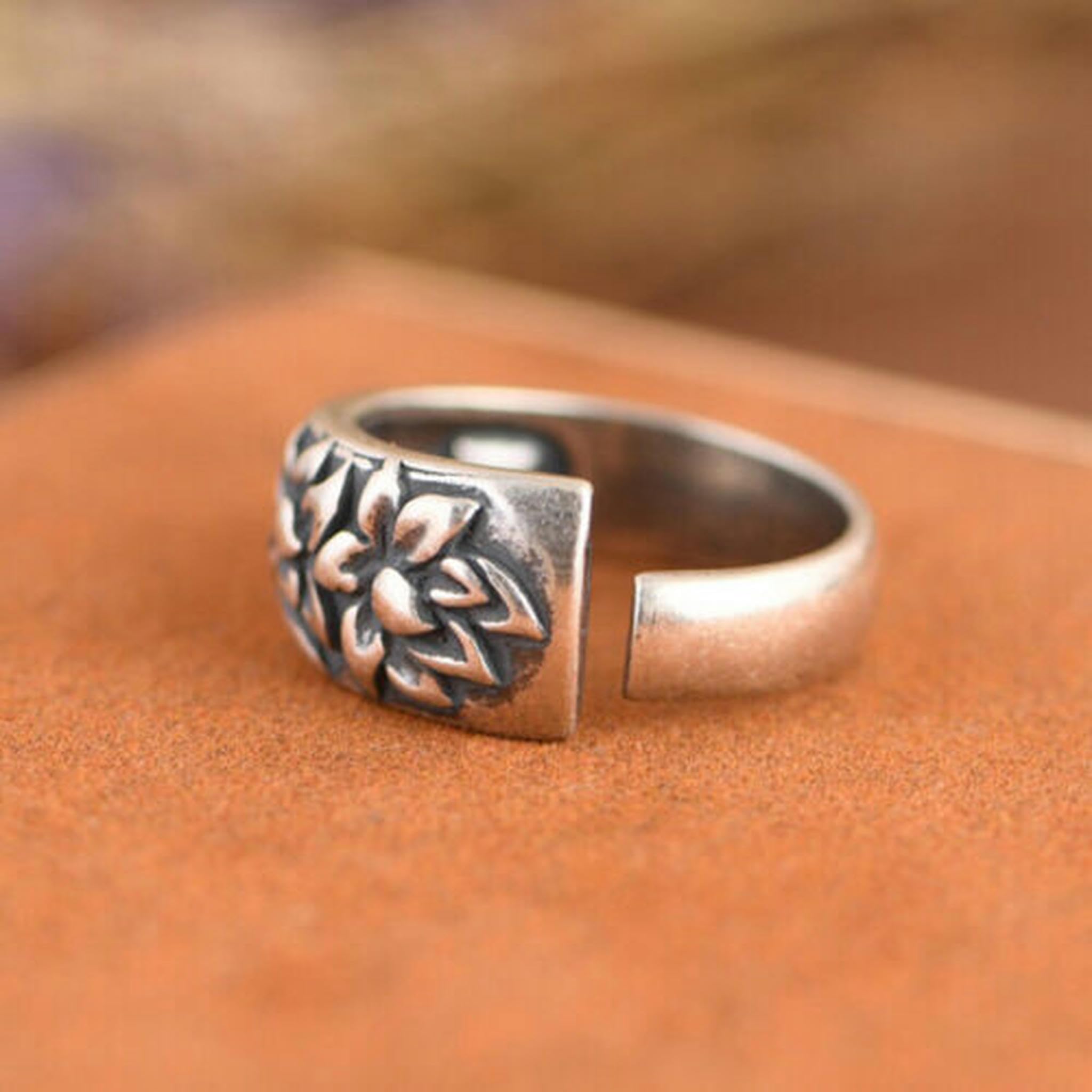 Bague ouverte en argent 925 motif lotus ajustable style bohème pour femme A3239-6