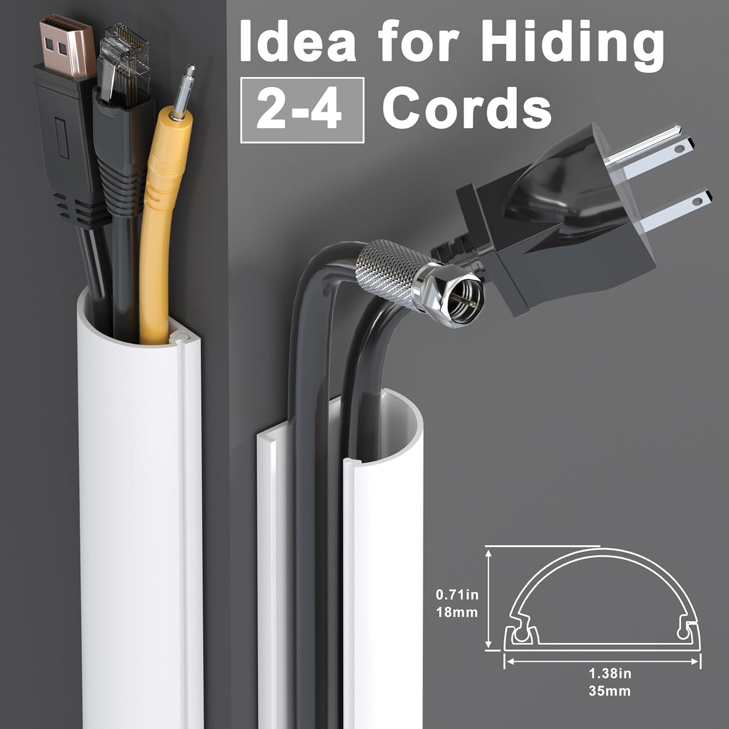 Cord Hider 34in, ZhiYo Cable Hider for 2-4 Cords, Cord Covers Wire Covers Wall Mount TV, Cable Cover Wall, White Wire Raceway, 2 x L17in, W1.4in x H0.7in XL - 34in (2X L17in) White