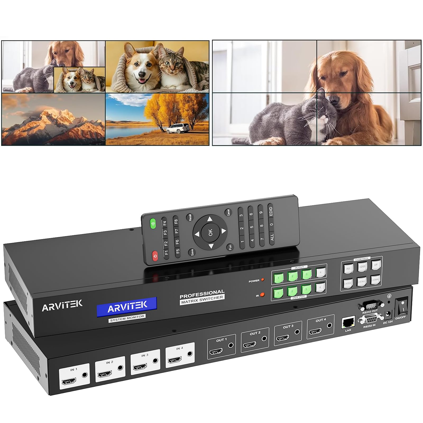 HDMI Video Wall Controller 2x2 Matrix, 4K 4x4 HDMI Matrix Seamless Switch w/Web, Seamless Out 1 Multi-Viewer w/PIP & 90-180-270° Rotation, Support 3.5mm Audio Input Output, Splicing Mode