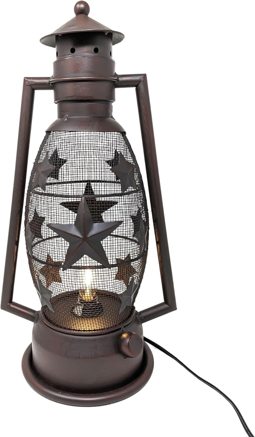 Rustic Metal Star Lantern Nightlight - Vintage Farmhouse Table Lamp with Electric Cord - Western Cowboy Style Décor for Living Room, Bedroom, or Office