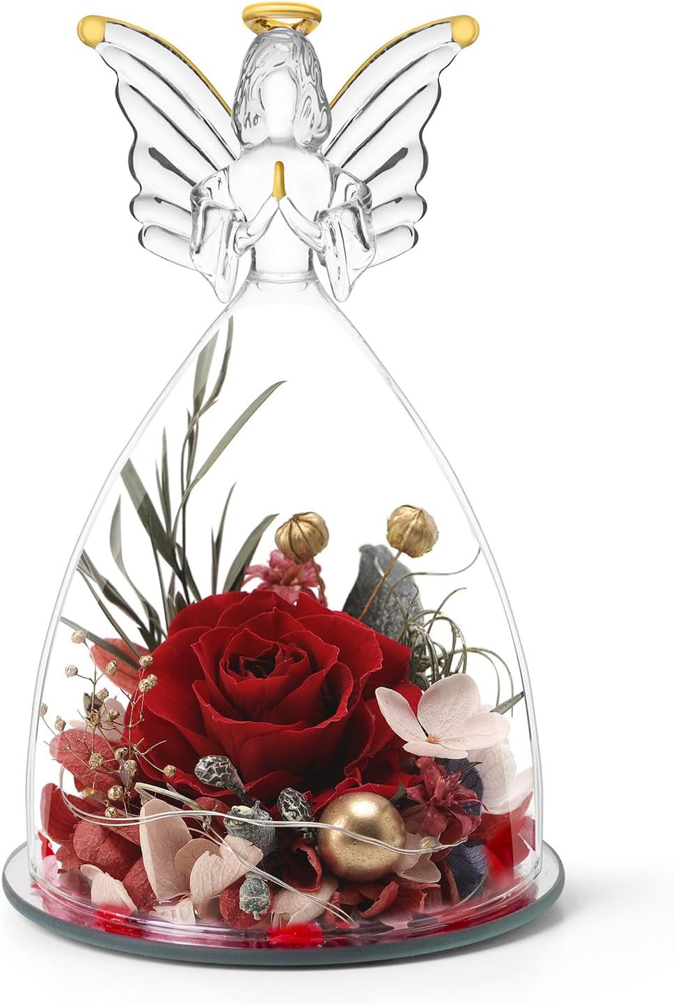 Angel Christmas Roses Gifts for Mom,Preserved Real Flowers Roses in Glass Angel Figurines,Christmas Birthday Gifts for Grandma Women Mom Wife Mother in Law