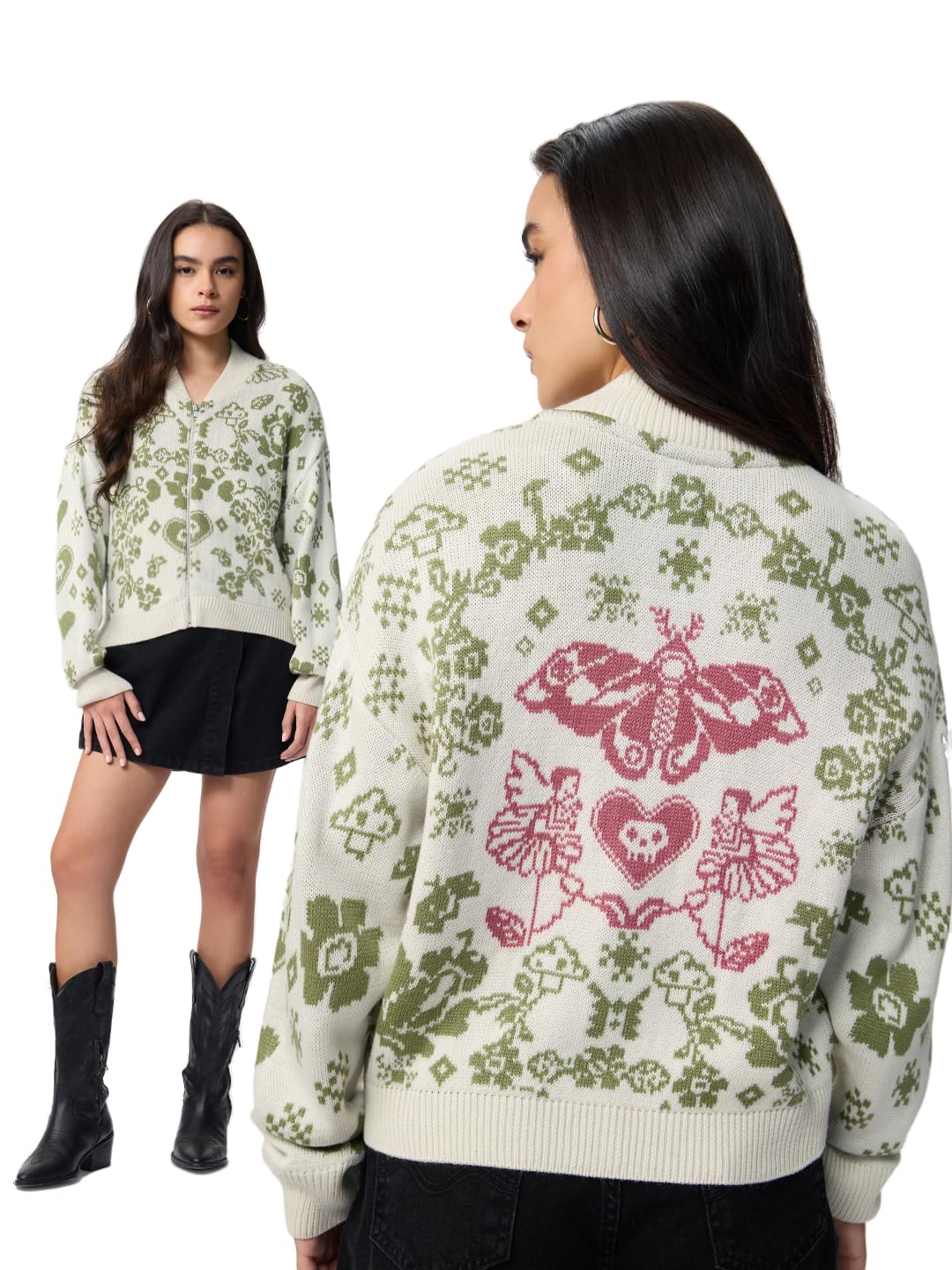 the souled store Fairytale Women and Girls Long Sleeves Round Neck Printed Knitted Acrylic Zippered Front Drop Shoulder Streetwear Trendy Oversized Sweater-picture-15
