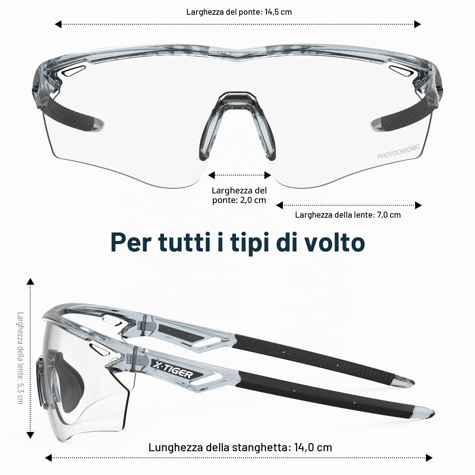 X-TIGER Occhiali Ciclismo Fotocromatici TR90 occhiali da Sole Sportivi Uomo Donna Con Lenti UV400 Trasparenti, adatti a MTB e Bici