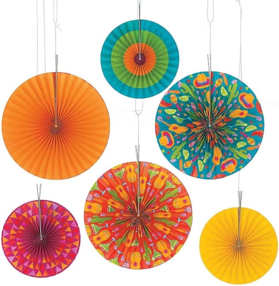 Fun Express - Lets Fiesta! Paper Hanging Fans for Cinco de Mayo - Party Decor - Hanging Decor - Lanterns - Cinco de Mayo - 6 Pieces