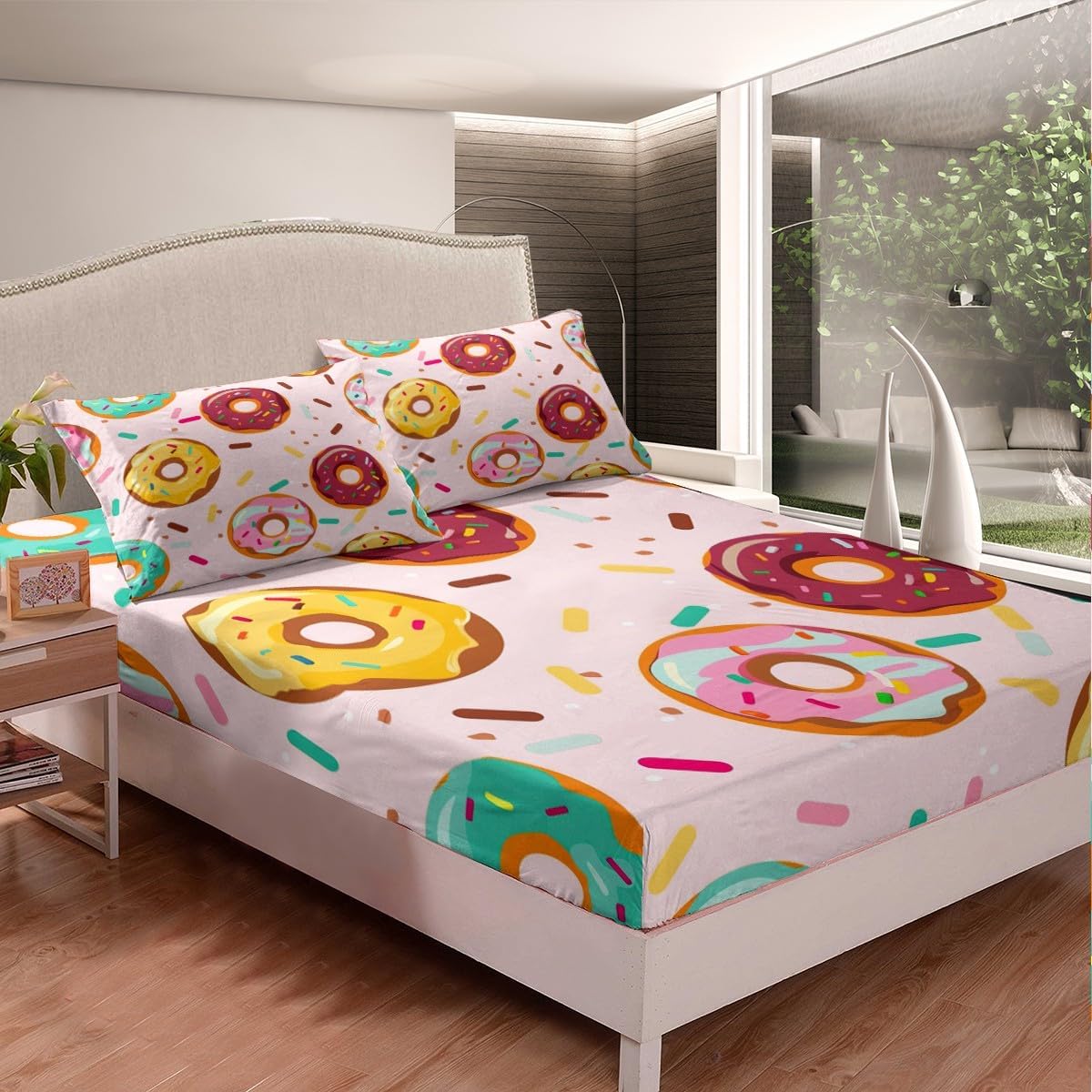 Donuts Bed Sheet Set Dessert Fitted Sheet for Girls Kids Child Bedroom Gift Girly Sweet Food Bedding Set Pink Printed Bed Cover with Pillowcase Decor 3 Pcs Queen Size Soft Microfiber Lightweight