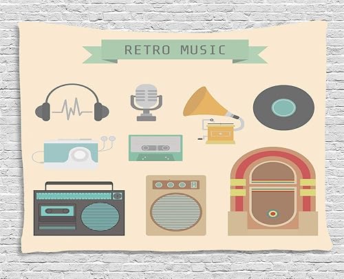 Lunarable Jukebox Tapestry, Retro Music Lettering Old Style Music Element Tape Radio Record Plate Walkman Print, Wide Wall Hanging for Bedroom
