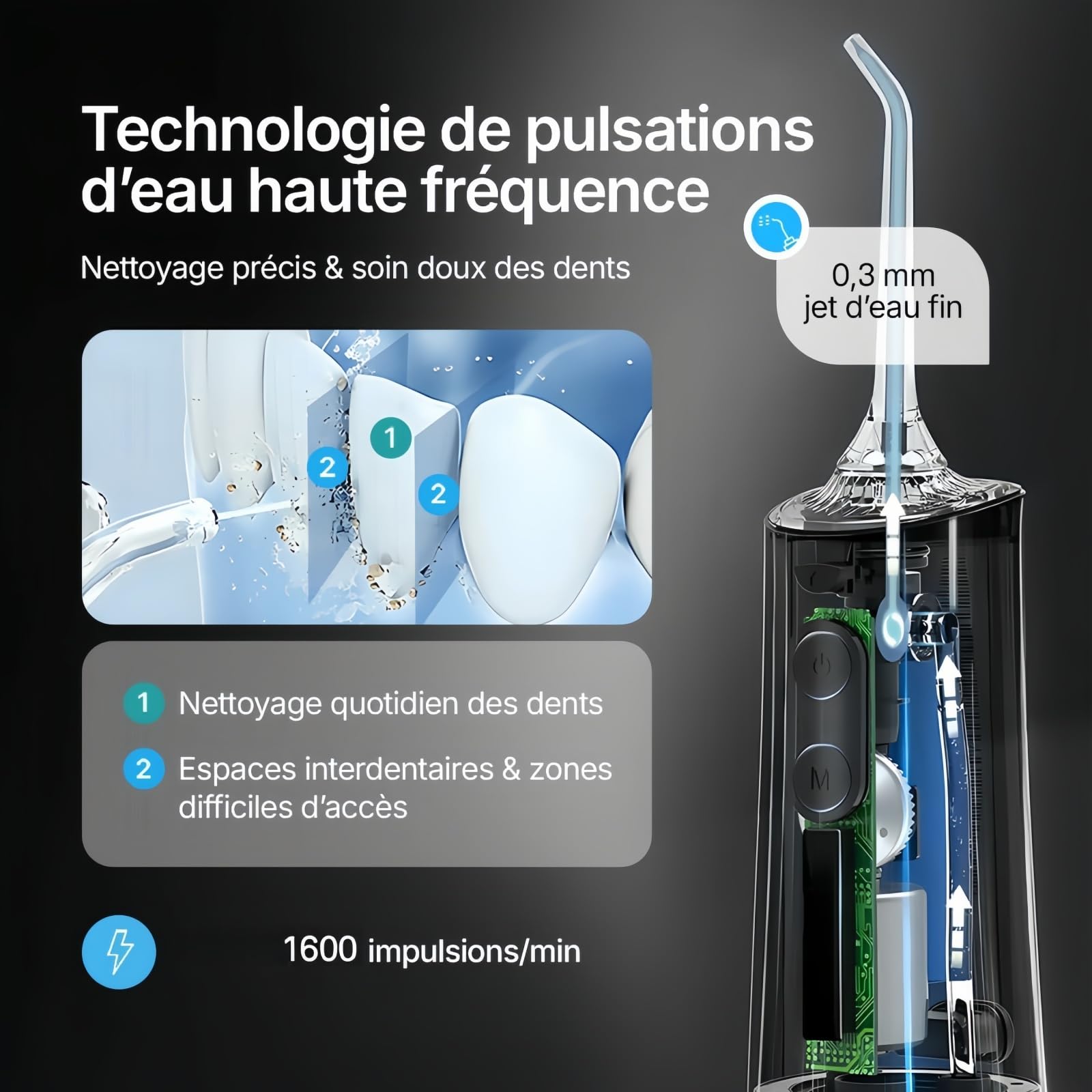Hydropulseur sans fil pour un soin dentaire & buccal optimal / 3 modes & 4 embouts/Réservoir de 180 ml/Étanchéité IPX7 / Jet dentaire pour gencives