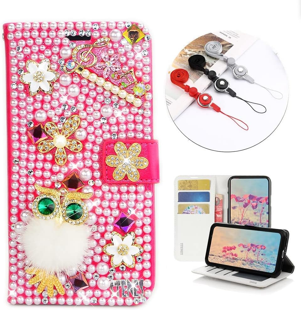 STENES Bling Wallet Phone Case Compatible with iPhone 11 - Stylish - 3D Handmade Musoc Flowers Night Owl Glitter Magnetic Wallet Leather Cover with Neck Strap Lanyard [3 Pack] - Red
