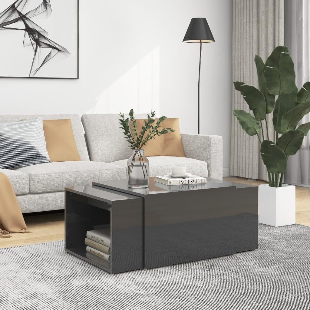 Nesting Coffee Table Set High Gloss Grey Engineered Wood Accent Tables for Living Room 60x60x38 cm