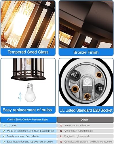 Miniatura 5 de VIANIS Lámpara colgante para exteriores, aplique de candelabro marrón para exteriores, luces de porche de bronce aceitado para techo al aire libre,