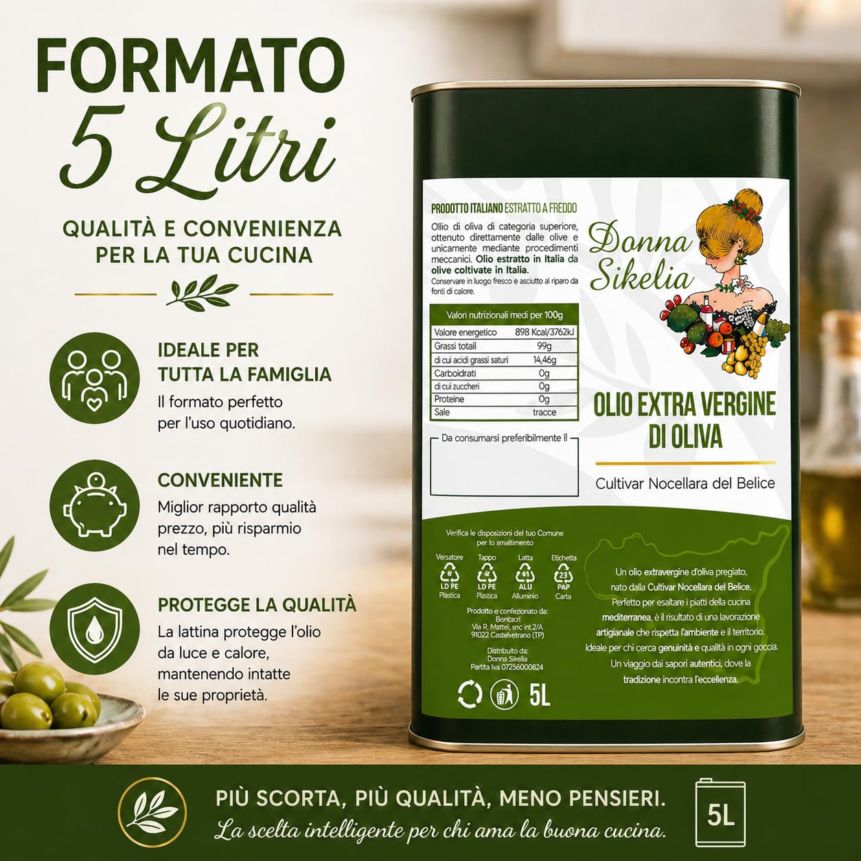 Donna Sikelia Olio Extravergine di Oliva 5L da Olive Cultivar Nocellara del Belice 100% Italiano Estratto a Freddo Fruttato Medio Lattina