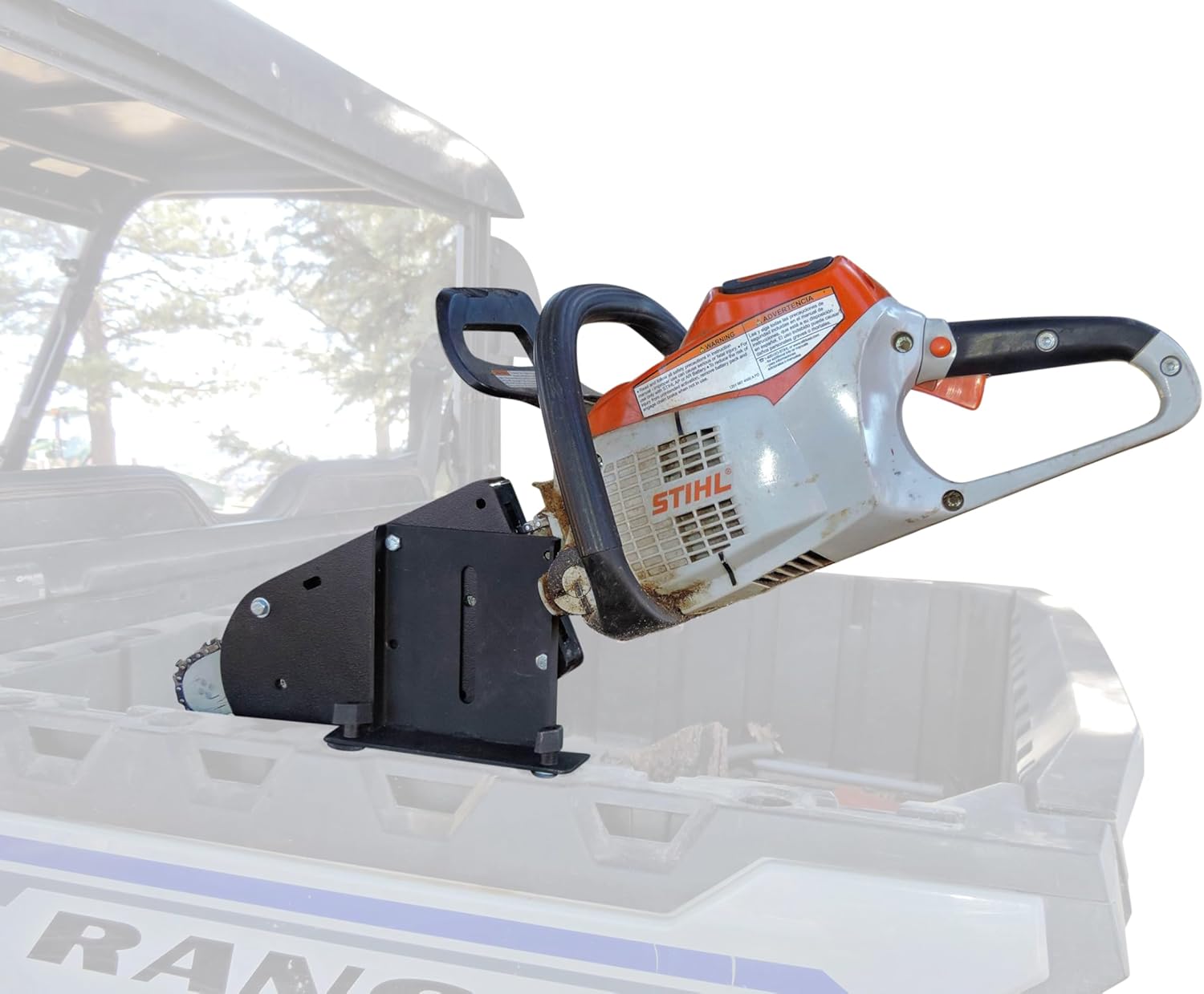 Polaris Ranger General Chainsaw Carrier Hornet Outdoors Machined Scabbard Steel Powder Coated Made in USA Patent Pending. Includes Bar/Chainsaw Safety Sleeve