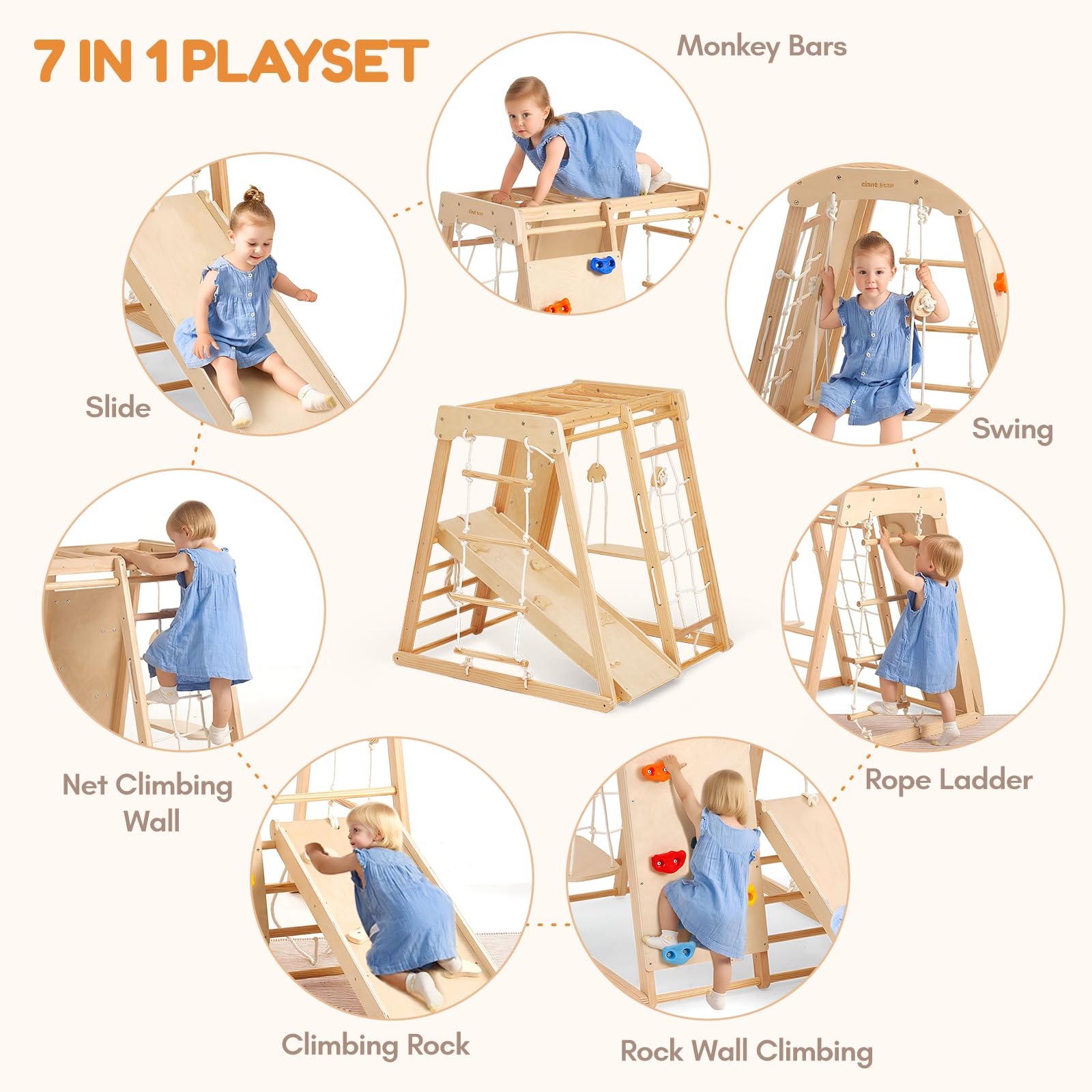 Indoor Klettergerüst ab 1-3 Jahre 7 in 1 Montessori Klettergerüst Großes Klettergerüst aus Holz Klettergerüst mit Rutsche, Holz Kletterturm mit Leiter und Rutschbahn für Kinder (1-3 Jungle Gym)