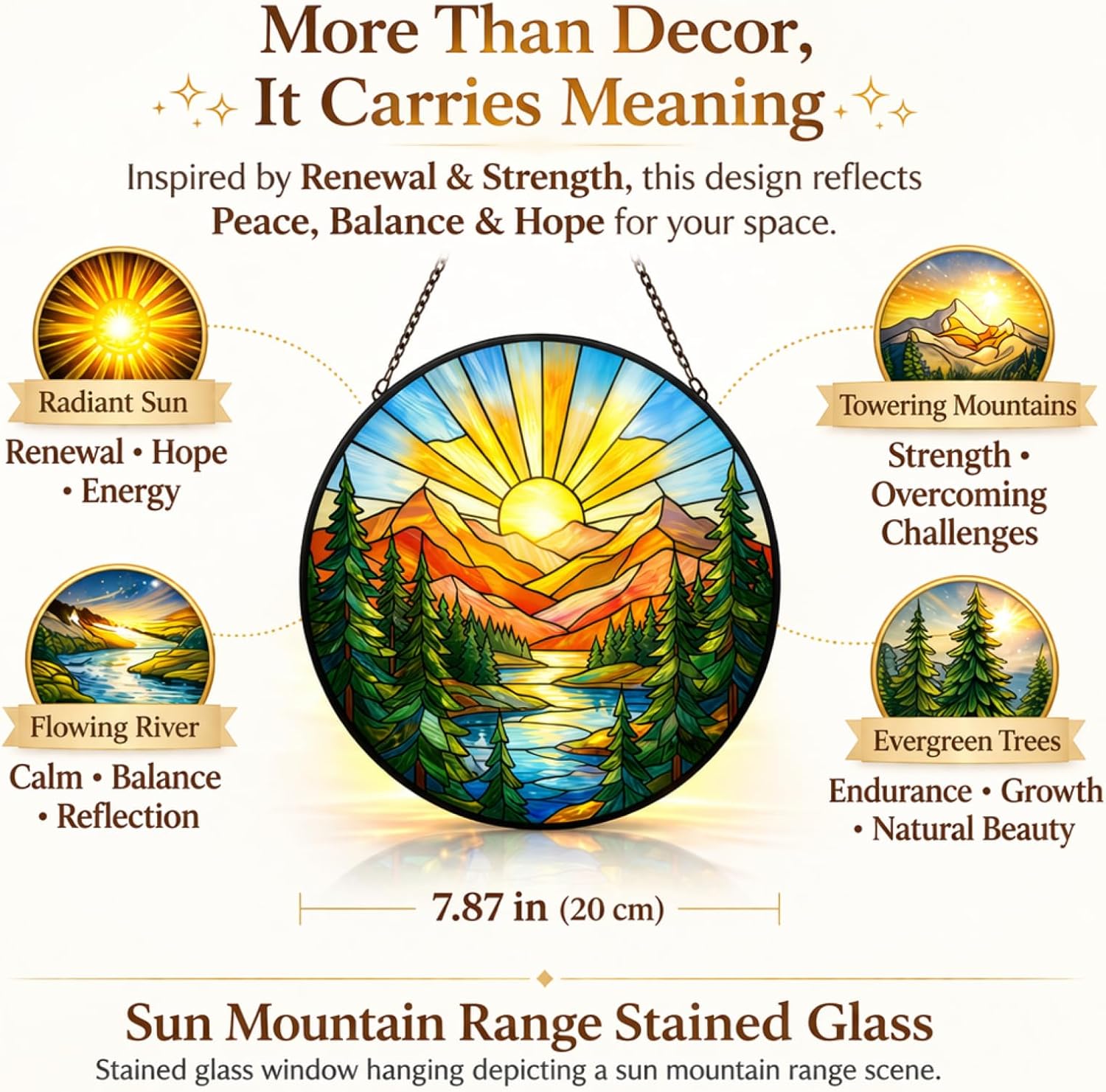 Mountain Sunrise Suncatcher Window Hanging, 7.8" Stained Glass Decor, Nature Gift for Family, Friends and Loved Ones, Scenic Mountain Home Decor for Window, Sunroom, Living Room and Garden