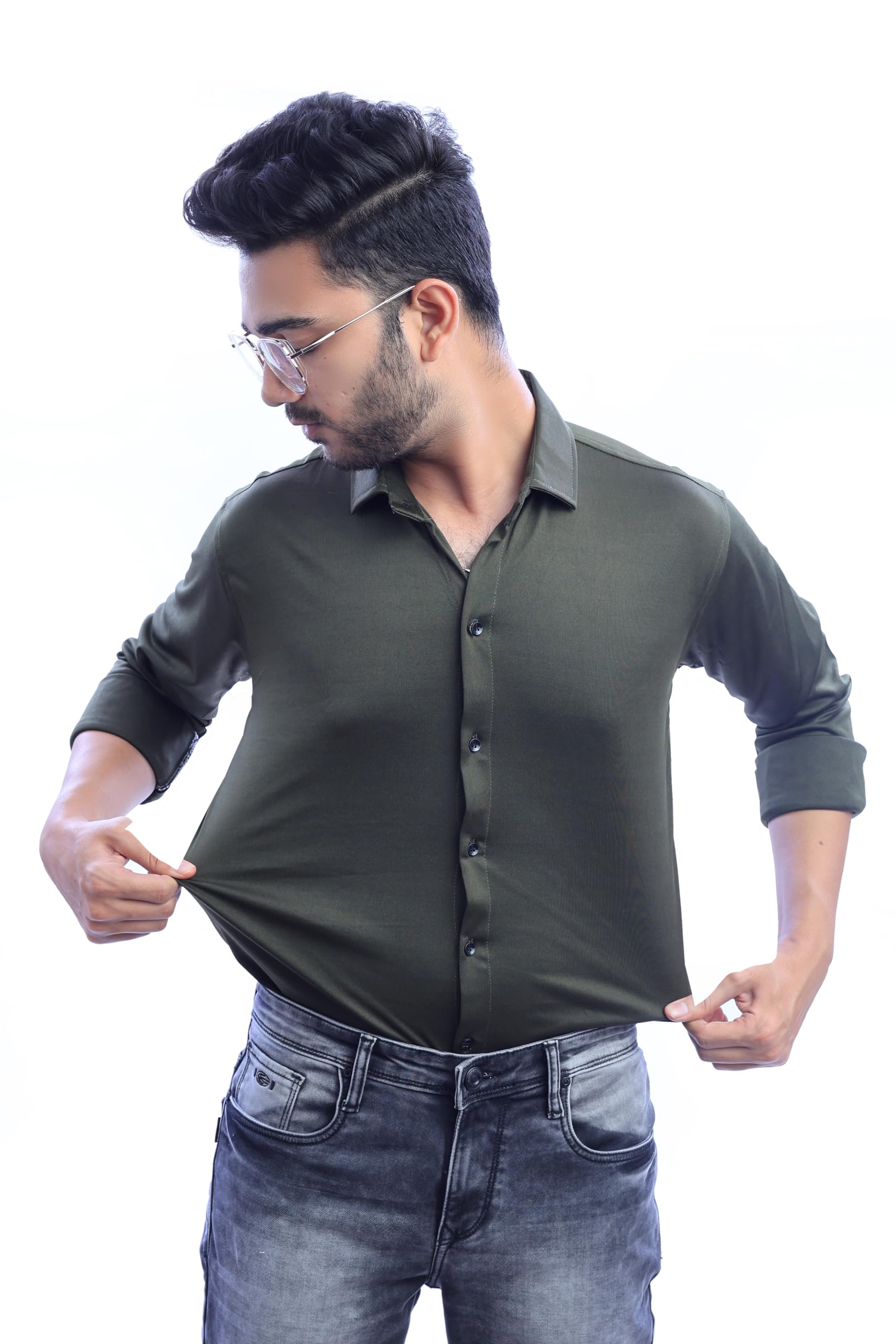 almora Men's Solid Slim Fit Satin Lycra Casual Shirt with Concealed Button Down & Full Sleeves-picture-18