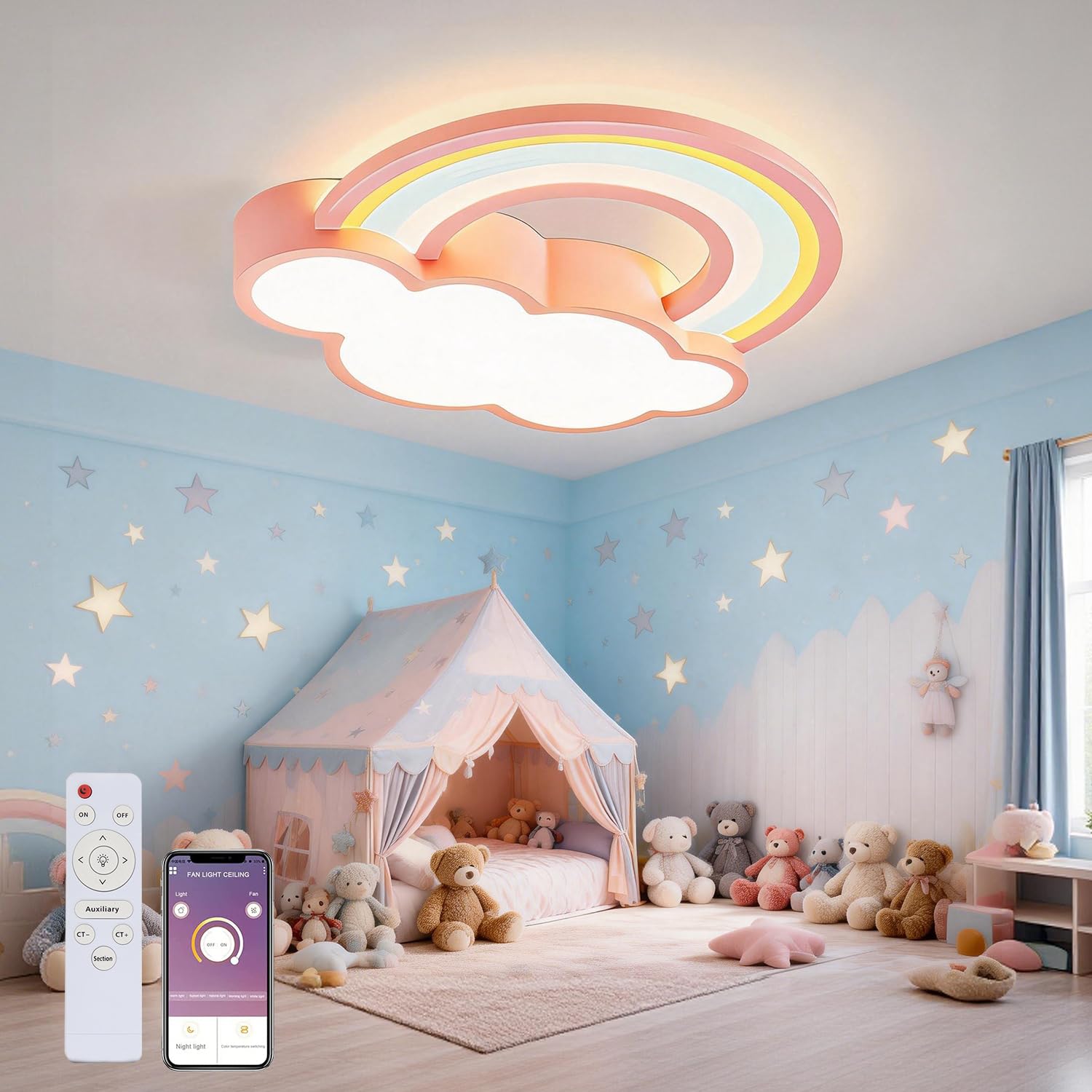 KZT LED Plafoniera Dimmerabile Lampada da Soffitto con Telecomando Moderno Nuvole Arcobaleno Lampadario Camera da Bambini Ragazzi Ragazze Illuminazione a Soffitto per Camera da Letto Soggiorno Hotel