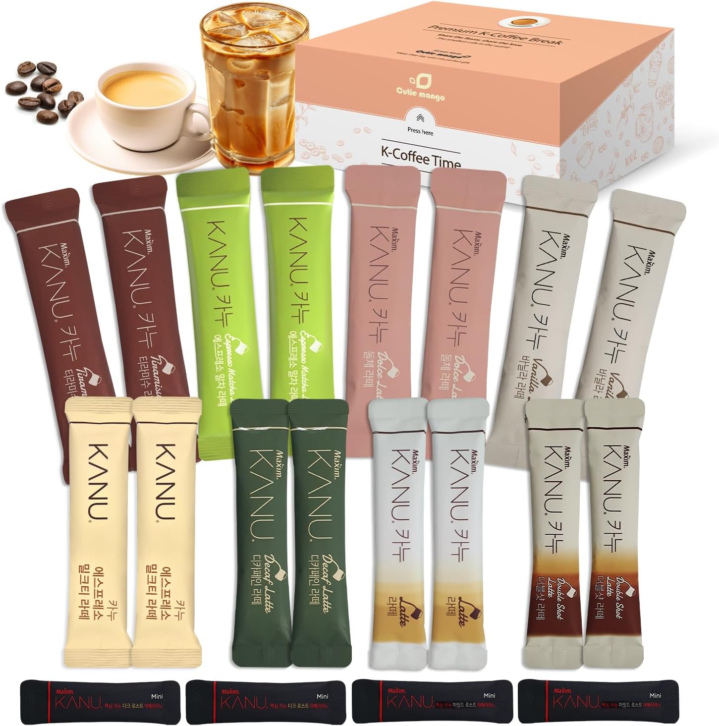 Maxim KANU Premium Korean Instant Coffee Sampler Latte & Americano Assortment Café Style Camping Party Easy-to-Mix Single Serve Packets 20 Variety Pack