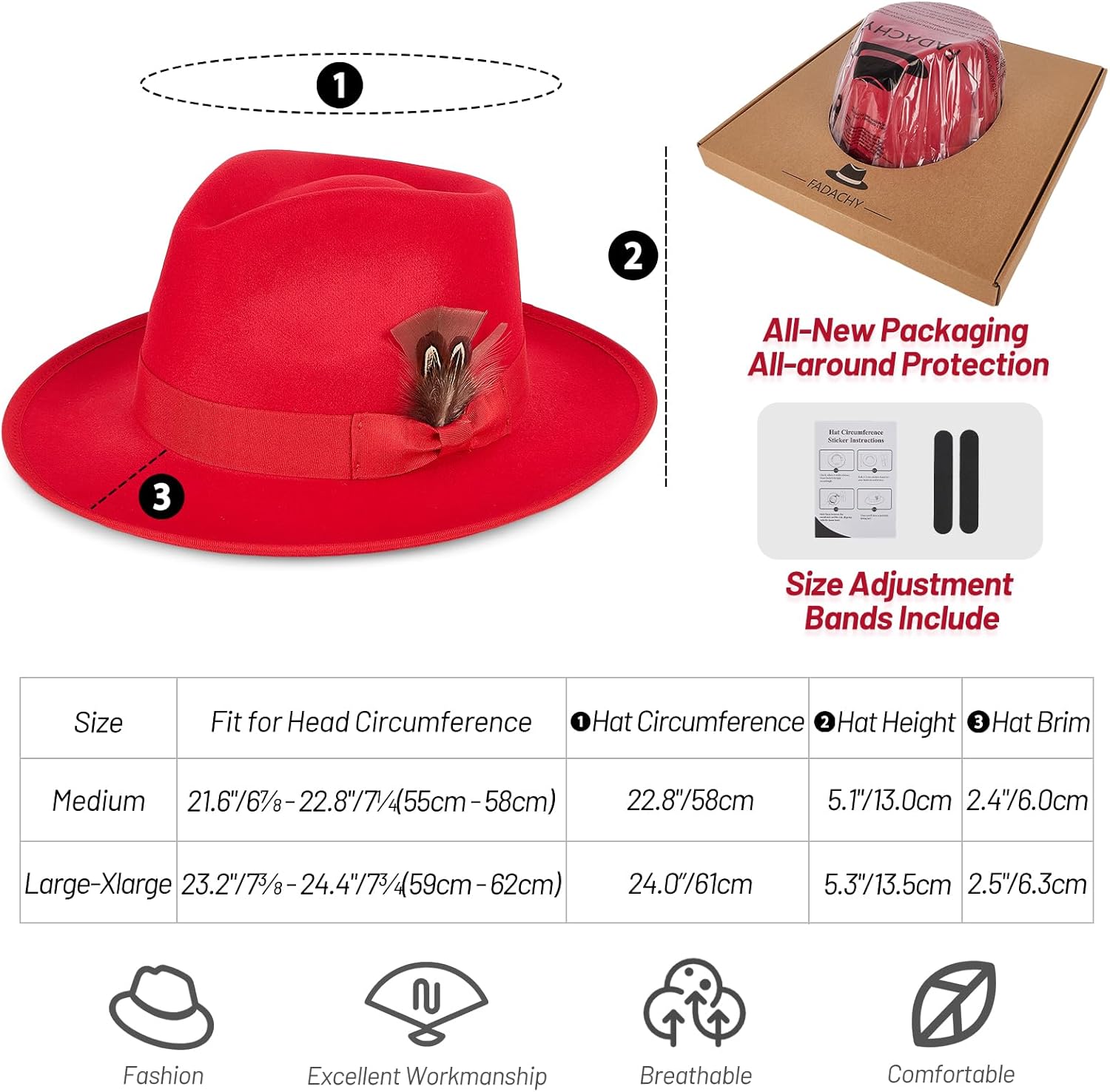 FADACHY Fedora Hats for Men & Women Wide Brim Felt Hat Dress Panama Trilby Hats