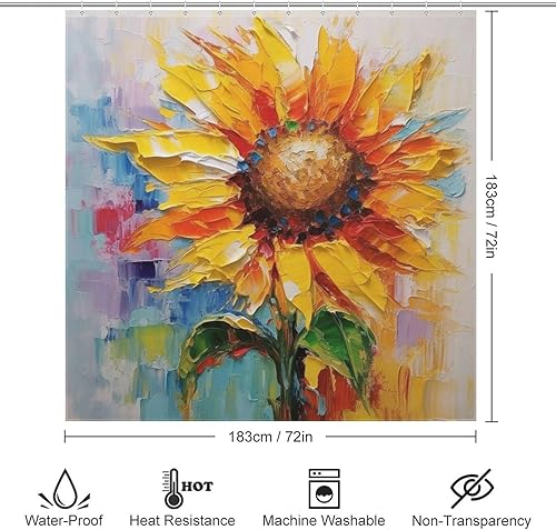 Miniatura 6 de YLATY2220 - Cortina de ducha de girasol para baño, pintura al óleo, hojas verdes, flores, bohemio, tela amarilla abstracta, moderna, impermeable,