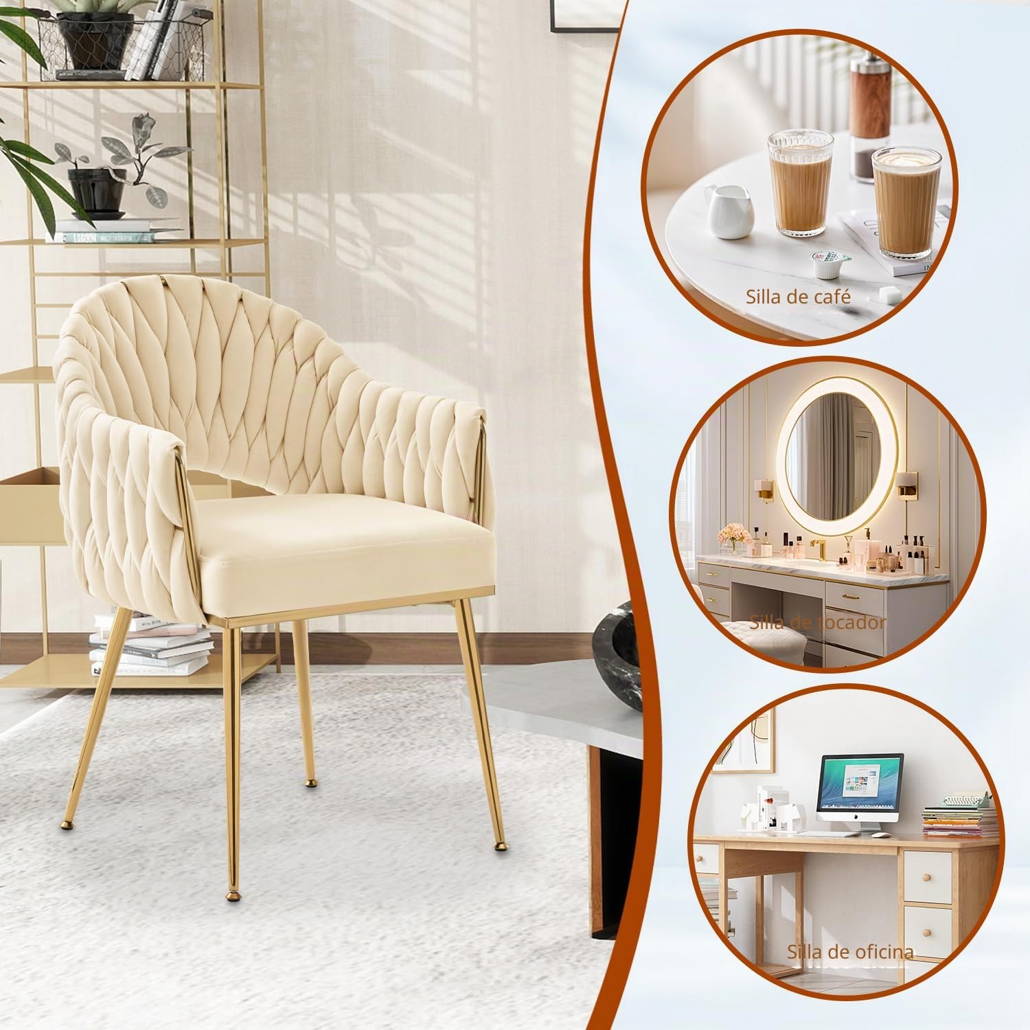 Juego de 2 sillas de Comedor de Terciopelo, sillones de salón, sillas de Comedor con reposabrazos, sillas de Cocina con Respaldo Alto Trenzado a Mano, Silla de tocador con Patas Doradas,Blanco
