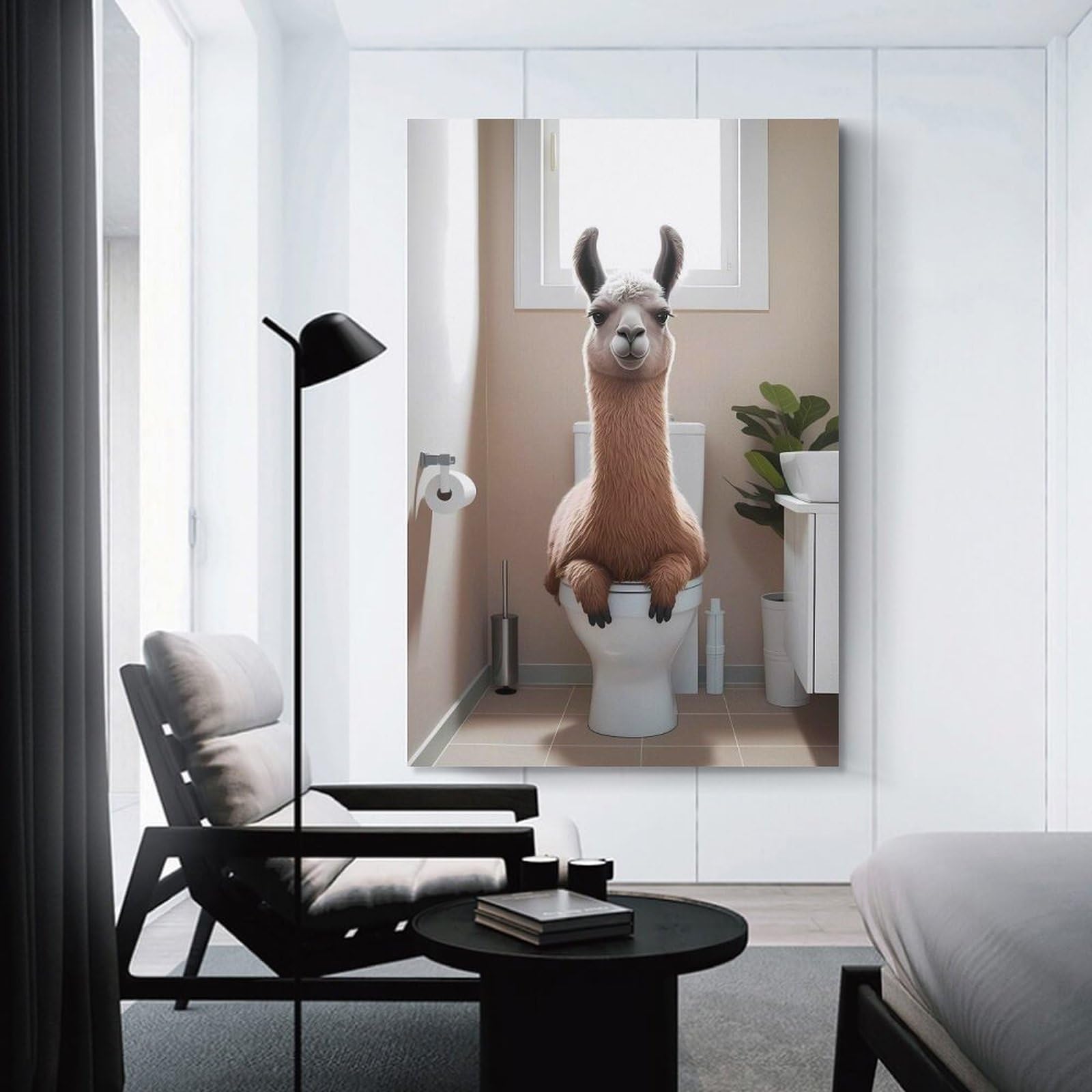 Junmoney Unframe-Style-13 Llama On Toilet Bathroom Art Canvas Wall Art, 20X30inch(50X75cm), For Living Room, Bedroom Or Apartment Walls, Decorative Artwork For Empty Walls