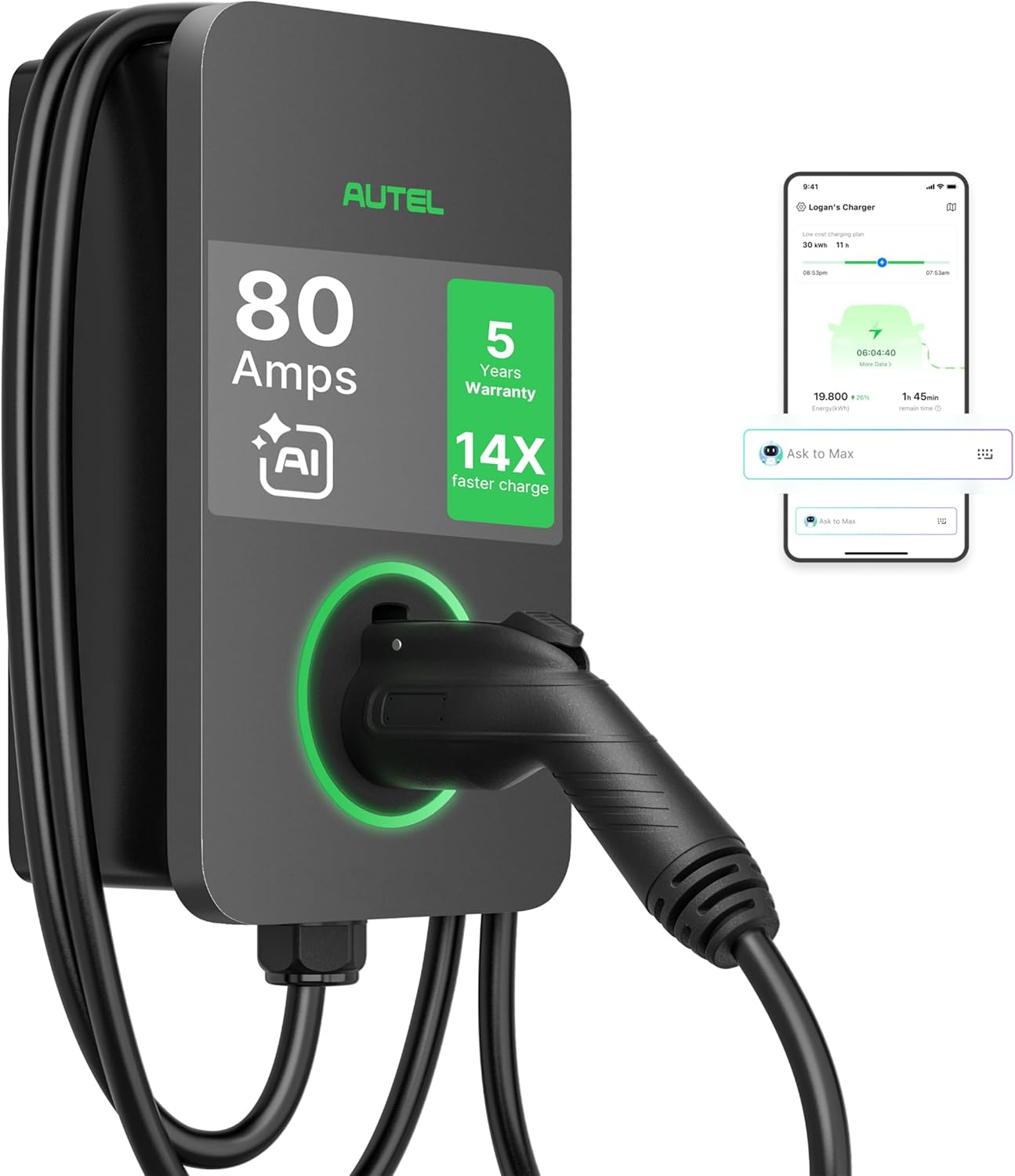 Autel MaxiCharger Level 2 Electric Vehicle (EV) Charger, up to 80 Amp Fast Charging EV Charger Level 2, Integrated Cloud with AI, Indoor/Outdoor Charging Stations J1772, Hardwired