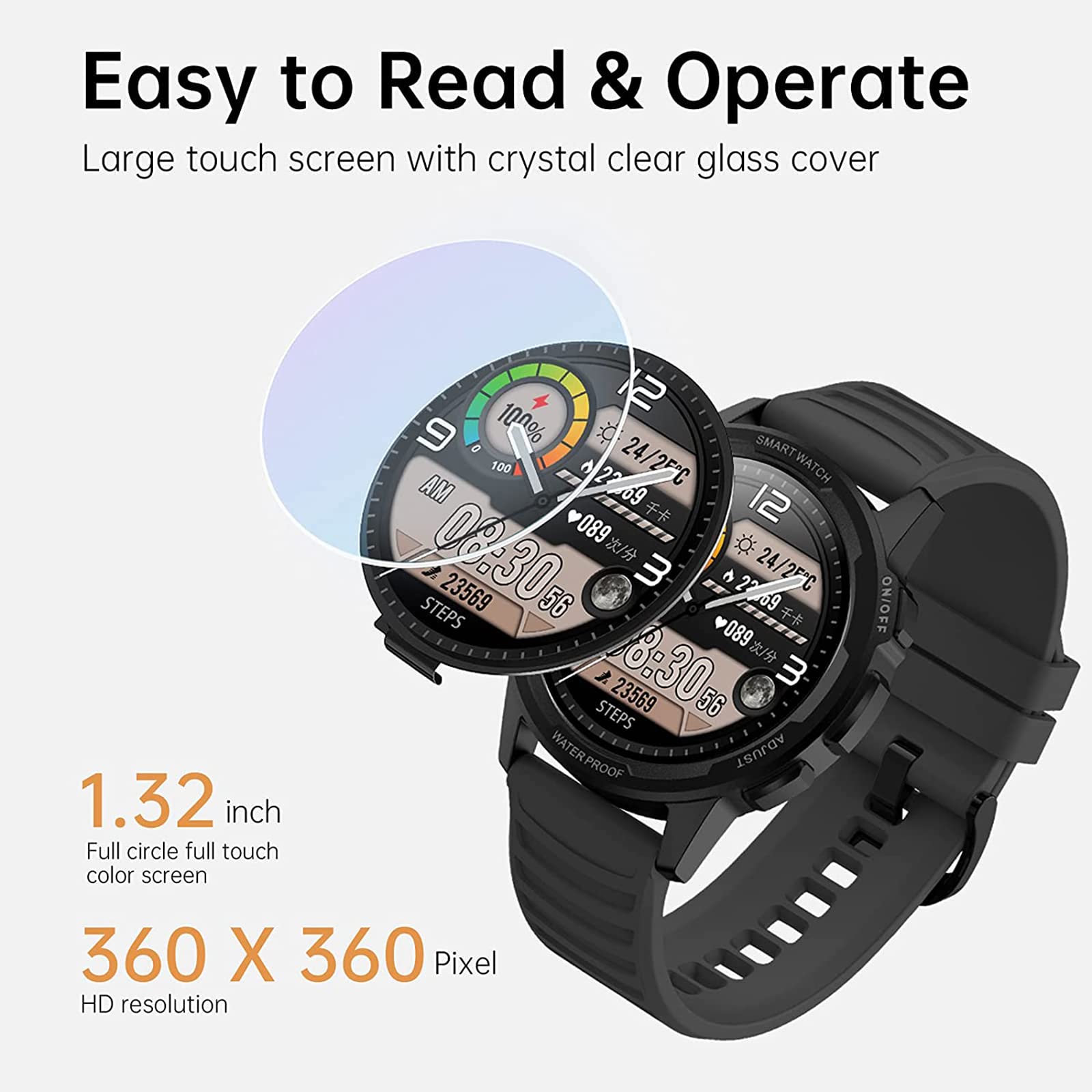 Smartwatch kompatybilny z IOS & Andriod, wodoodporny smartwatch IP68 3.4 cm dla mężczyzn i kobiet z pulsometrem, monitor aktywności z 24 trybami sportowymi, liczba kalorii odległości kroków, czarny