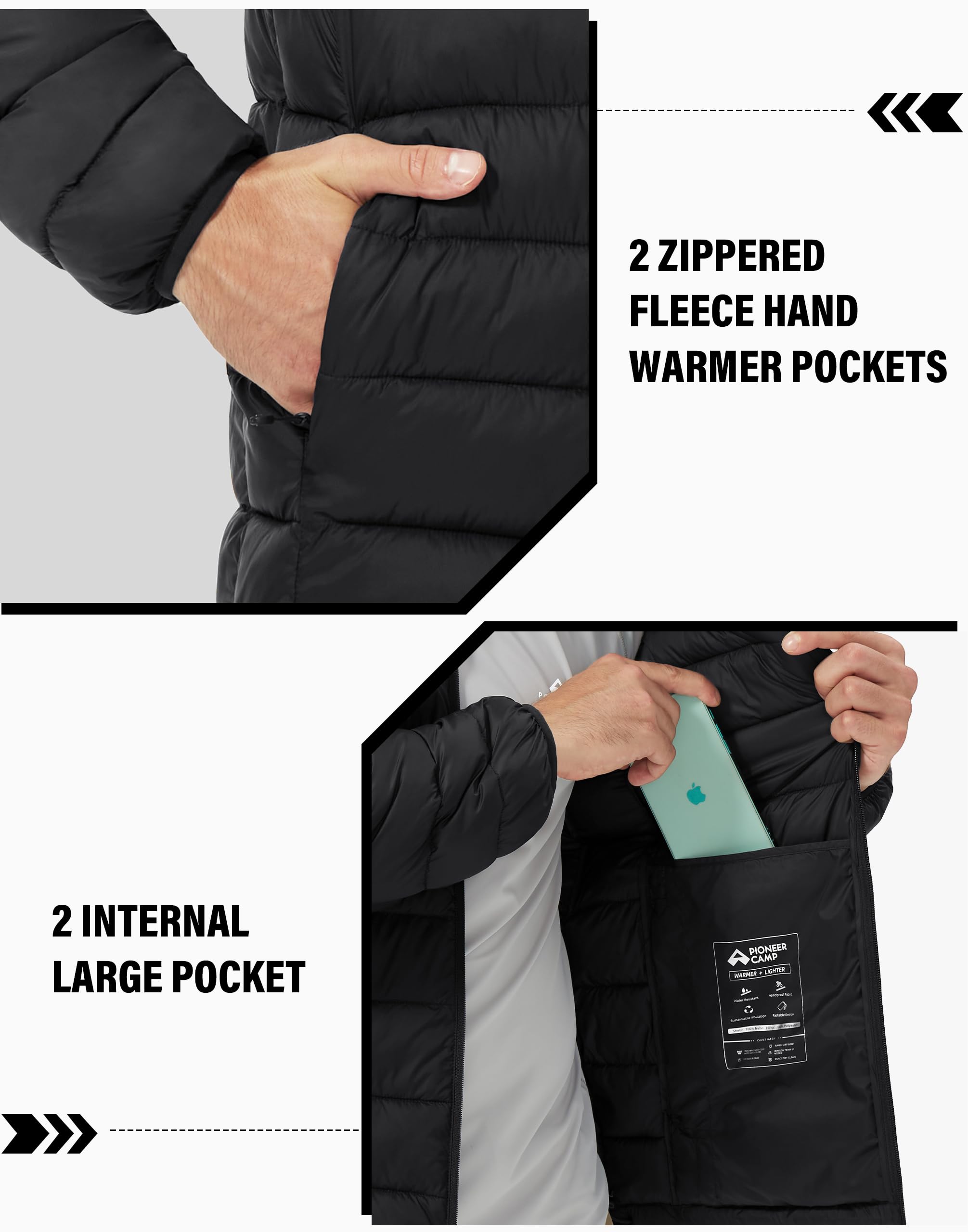 Pioneer Camp Winterjacke Herren Verpackbar Outdoor Wasserdicht Puffer Jacke Mit 4 Taschen für Freizeit, Wandern & Reisen