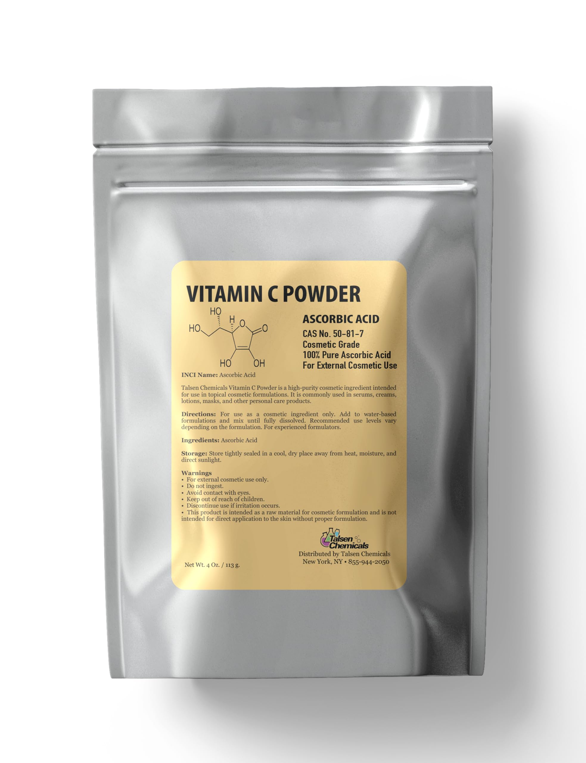 Pure Vitamin C Powder Organic (4 Oz / 113 g) Ascorbic Acid Powder Cosmetic-Grade Antioxidant Ingredient for Skin DIY Skin Care