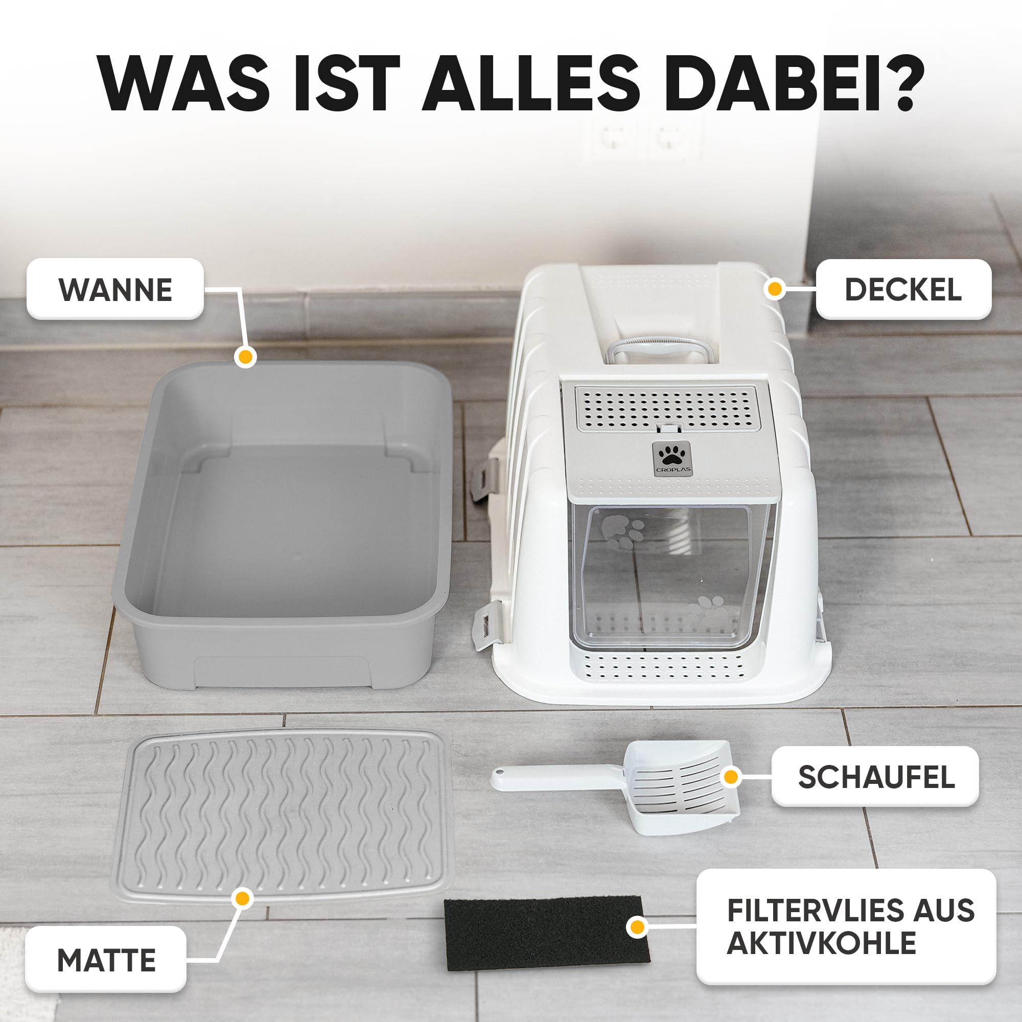CROPLAS Katzenklo mit Deckel und Aktivkohlefilter, Katzenklo groß geschlossen, Katzentoilette geschlossen mit Klappe, geschlossene Katzentoilette mit Deckel groß, Katzen Klo XL große Katzen, weiß