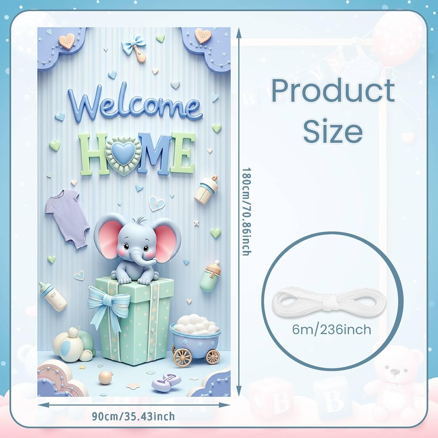 Welcome Home Door Banner Decoration Blue Elephant Baby Shower Door Cover Baby Welcome Party Banner for Boys Birthday Celebration Gender Reveal Party Indoor Outdoor Decor Supplies