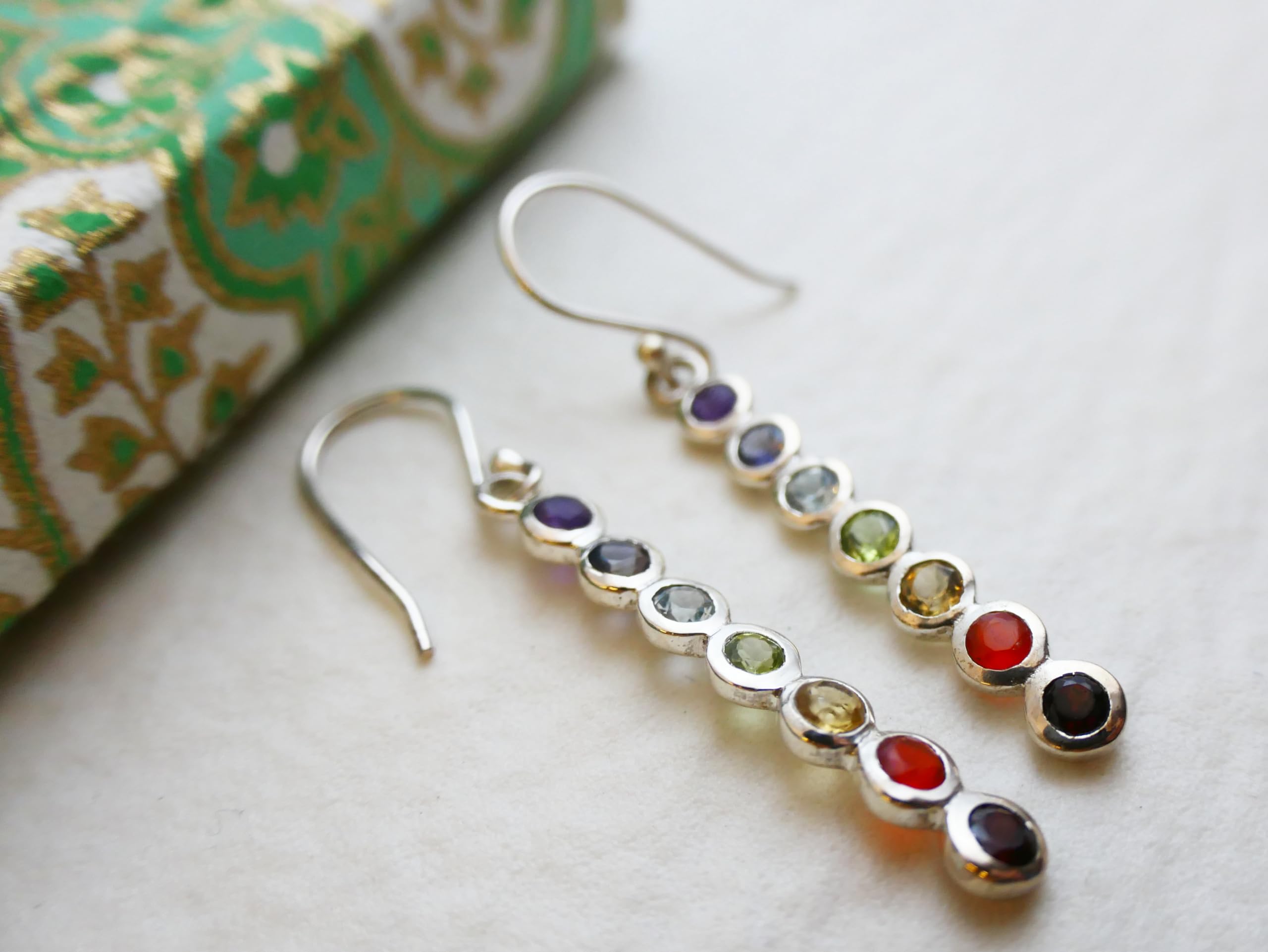 Orecchini Pendenti con Pietre Preziose Multicolori in Argento Sterling 925 |-Gioielli Arcobaleno da Donna con Design Lineare Elegante