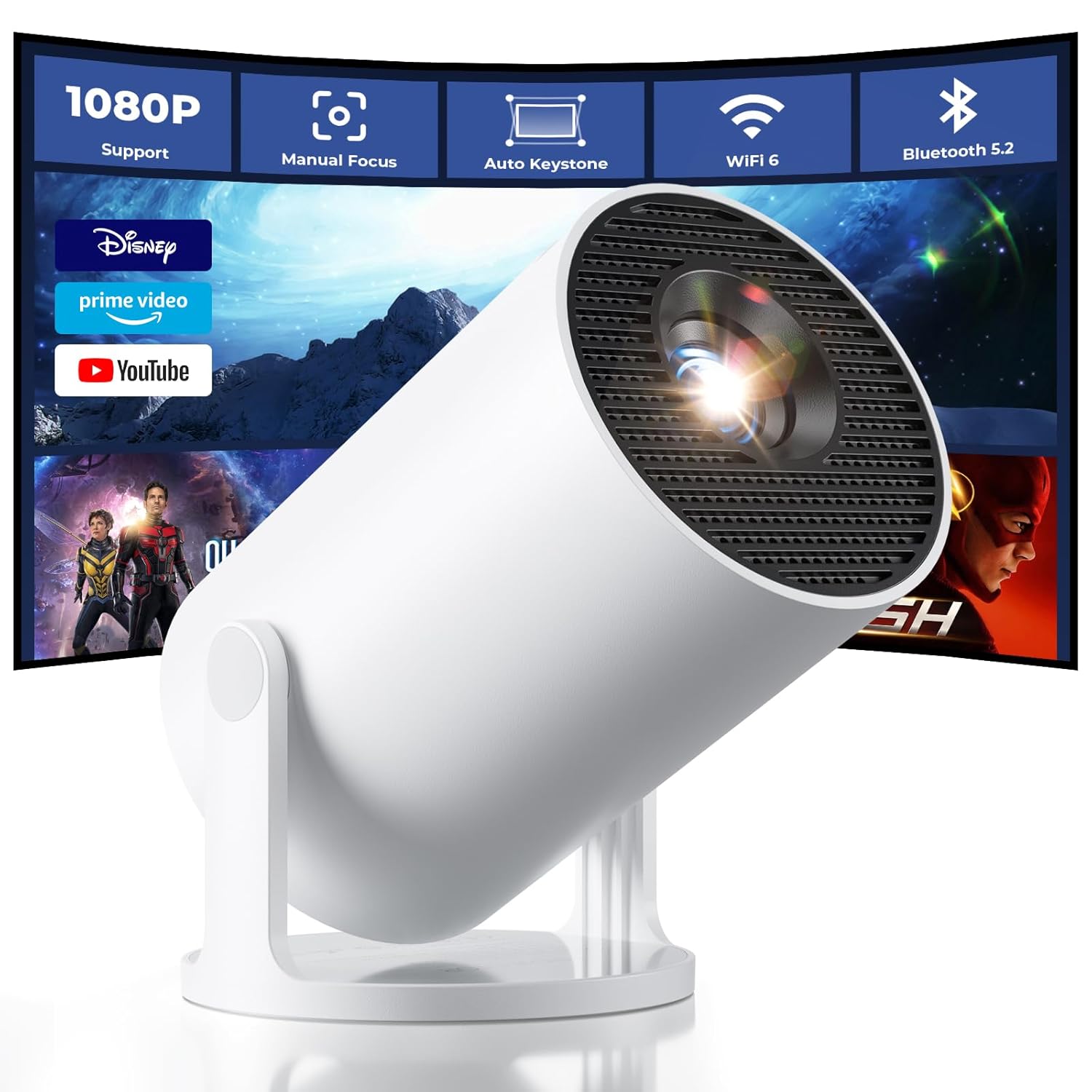CLOKOWE Mini Projector with WiFi and Bluetooth Built-in Apps Smart Portable Projector with 180 Rotation Auto Keystone Support