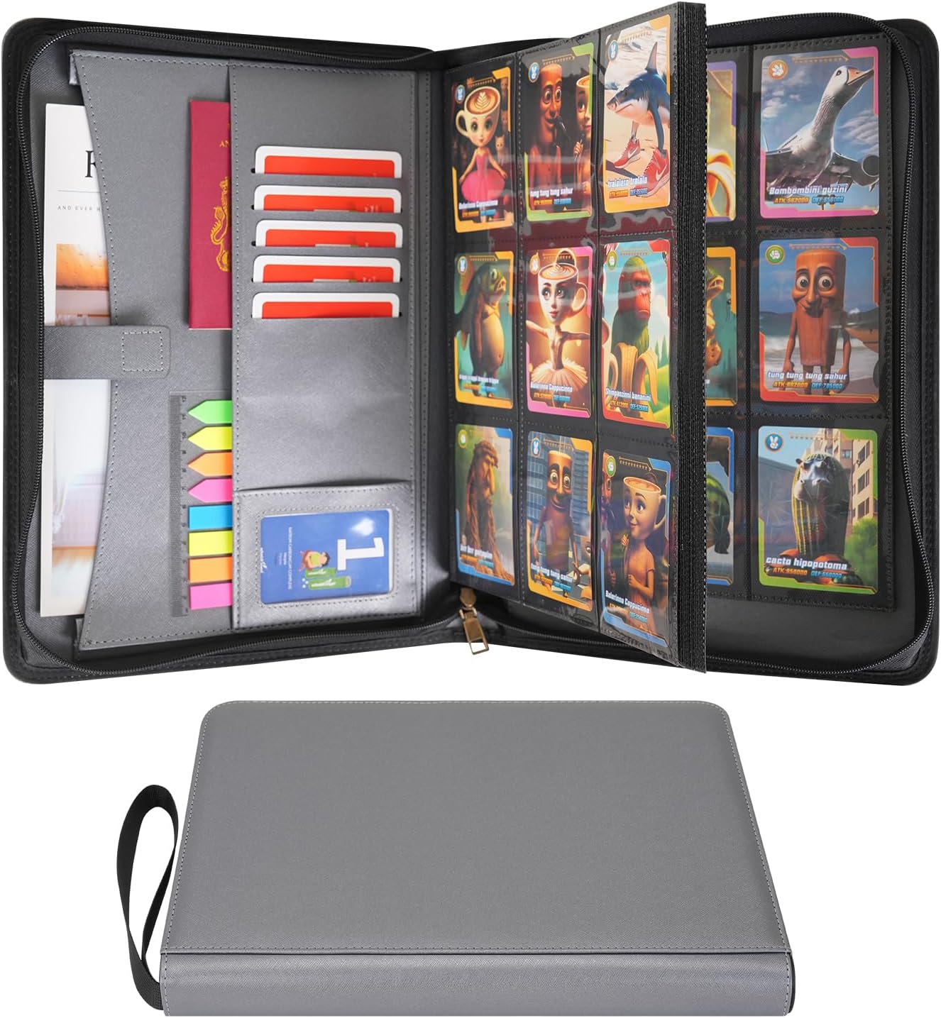 Wonderpool Trading Card Album A4 Binder 9-Pocket with Zipper for 540 Card, Leather pu Card Holder Folders Storage, 30 Side-Loading Pages for MTG, TCG, Game Sleek Sports Cards Collectible (Grey)