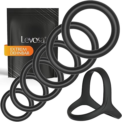 Levosa® 7 Anillos para Pene - 6 Anillos pene y 1 Anillo doble para Pene y Testículos - Juguetes Sexuales para el Hombre - Anillos Erección para el pene y testículos Negro