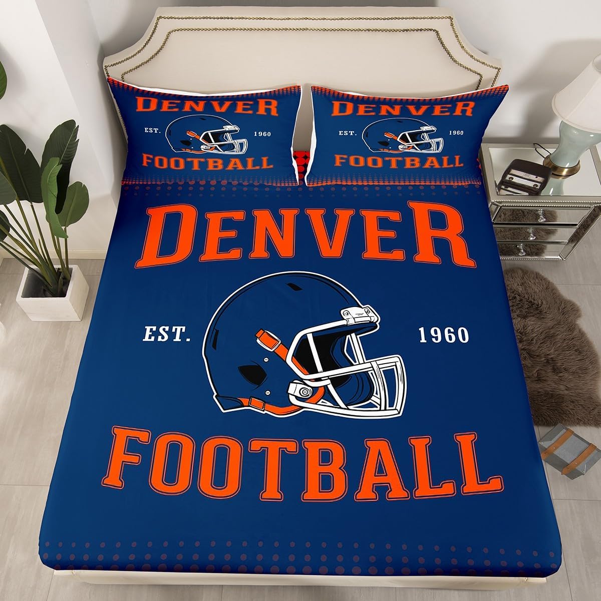 Erosebridal Football Fans Fitted Sheet Navy Orange Team Color Football Bedding Set Full, Rugby Sports Team Bed Sheets for Sports Helmet Cool Design Sheets with 2 Pillowcases (Denver)