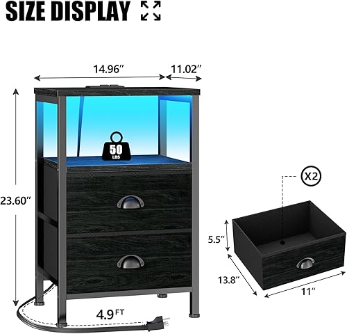 Miniatura 3 de Furologee Juego de 2 mesitas de noche, mesas auxiliares con estación de carga y luces LED, mesitas de noche negras con 2 cajones de tela, juego de 2