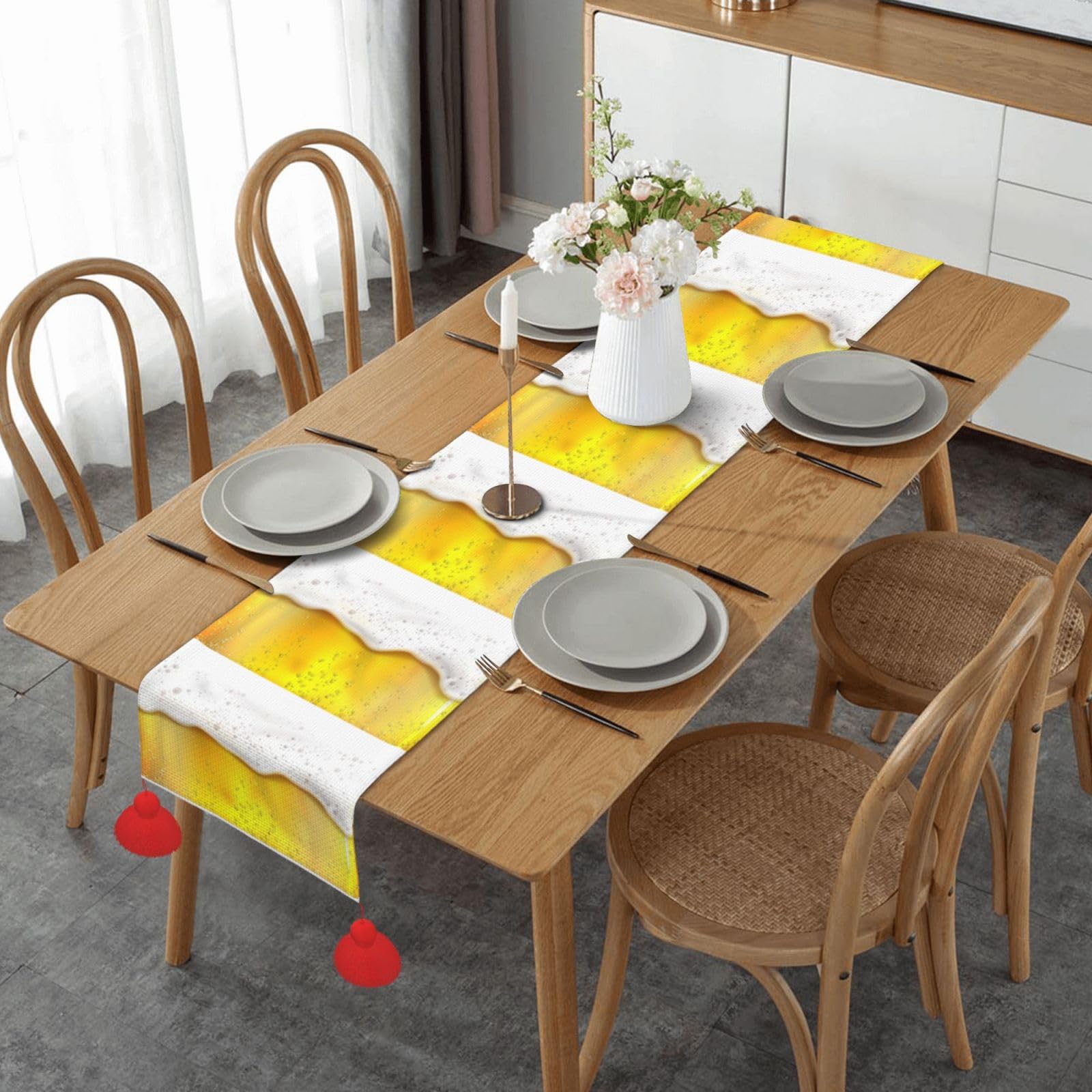 Chemin de table antidérapant à pompons 35x152 cm motif bulles blanches