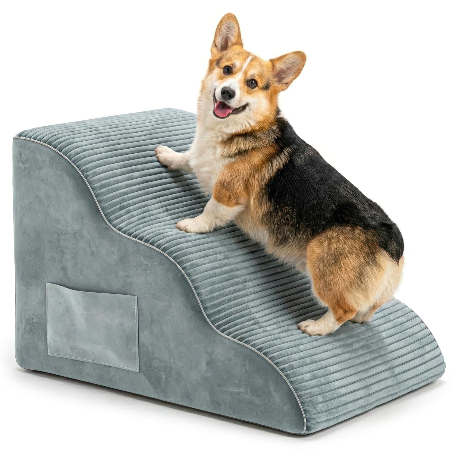 BEST JAJA Hundetreppe 3 Stufen mit Kanteneinfassung – formstabil und rutschfest, 40 cm hoch für Bett und Sofa, mit Seitentasche und Tragegriff – für kleine Hunde, Dackel und Katzen(Grau)