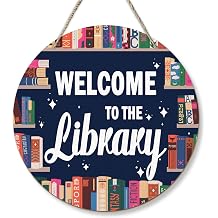 PHAMTE Library Welcome Round Wreath Sign, Reading Room Wall Hanging Plaque Wood Sign, Welcome to the Library Decor Decorations for Wall Pediments Door Porch Reading Room Classroom 12 Inch
