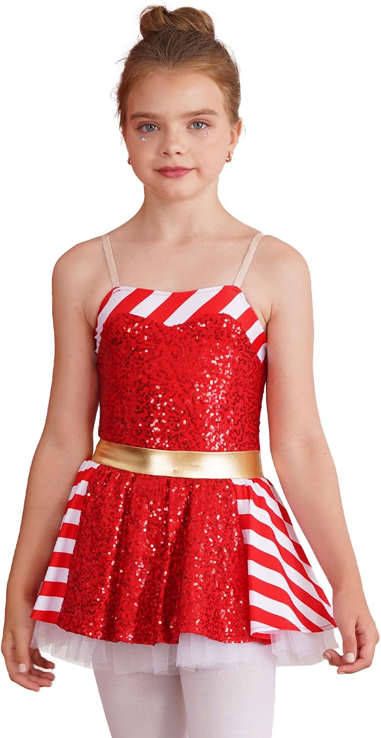 Jugaoge Kids Girls Christmas Elf Costume Striped Sequins Ballet Dance Performance Tutu Figure Skating Dress