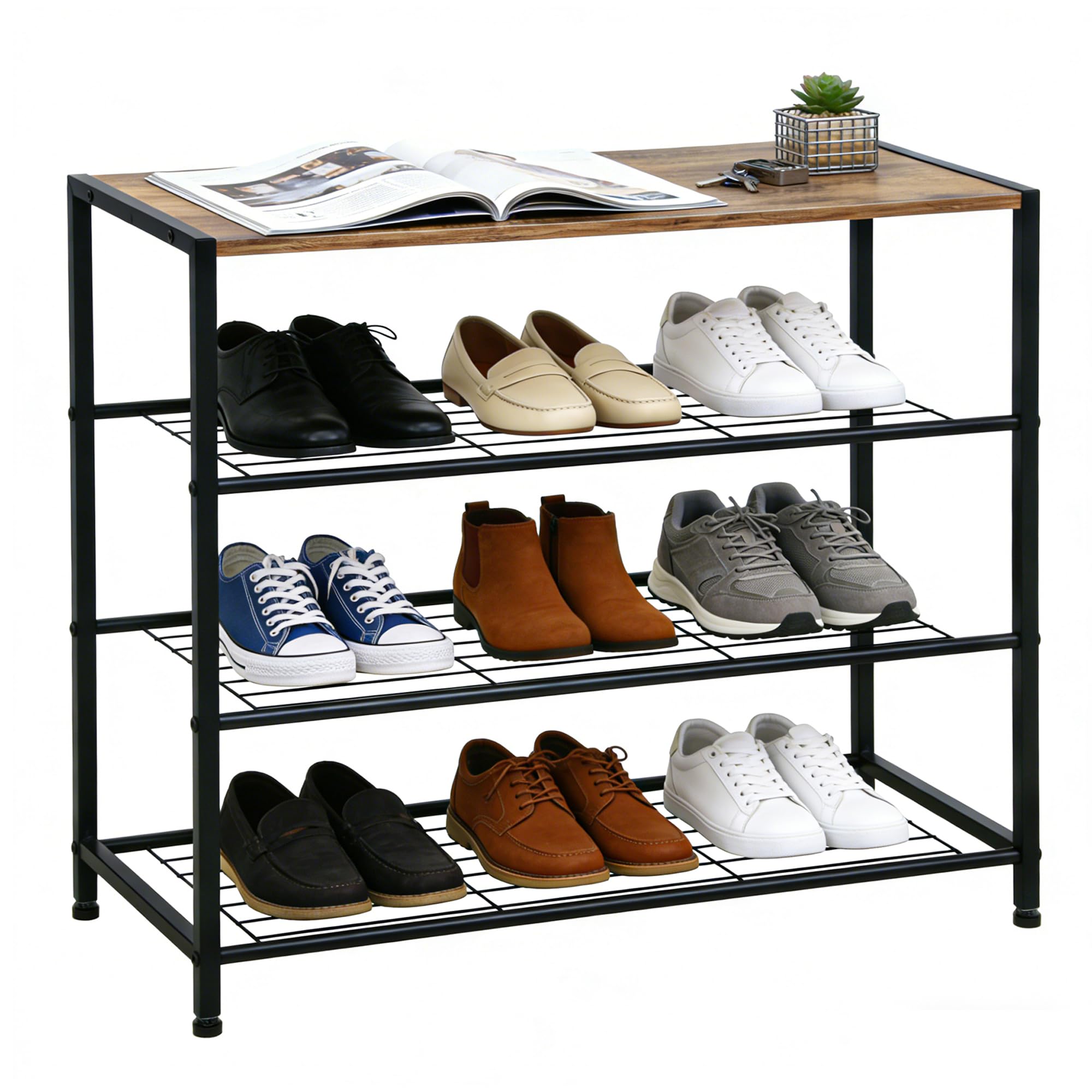 ZOESTORAGE Shoe Rack,4 Tier Shoe Racks for 12 Pairs,Metal Shoe Rack With Wooden Seat for Hallway, Entryway, Living Room,60 x 30 x 63cm,Rustic Brown