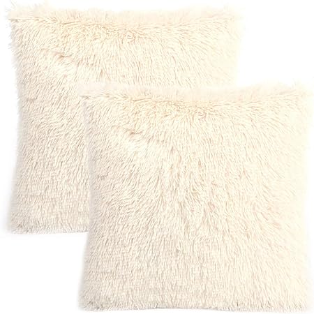 YOUR SMILE Pack of 2, Decorative Plush New Luxury Series Merino Style Faux Fur Throw Pillow Case Cushion Cover 18" x 18"(Ivory,White)