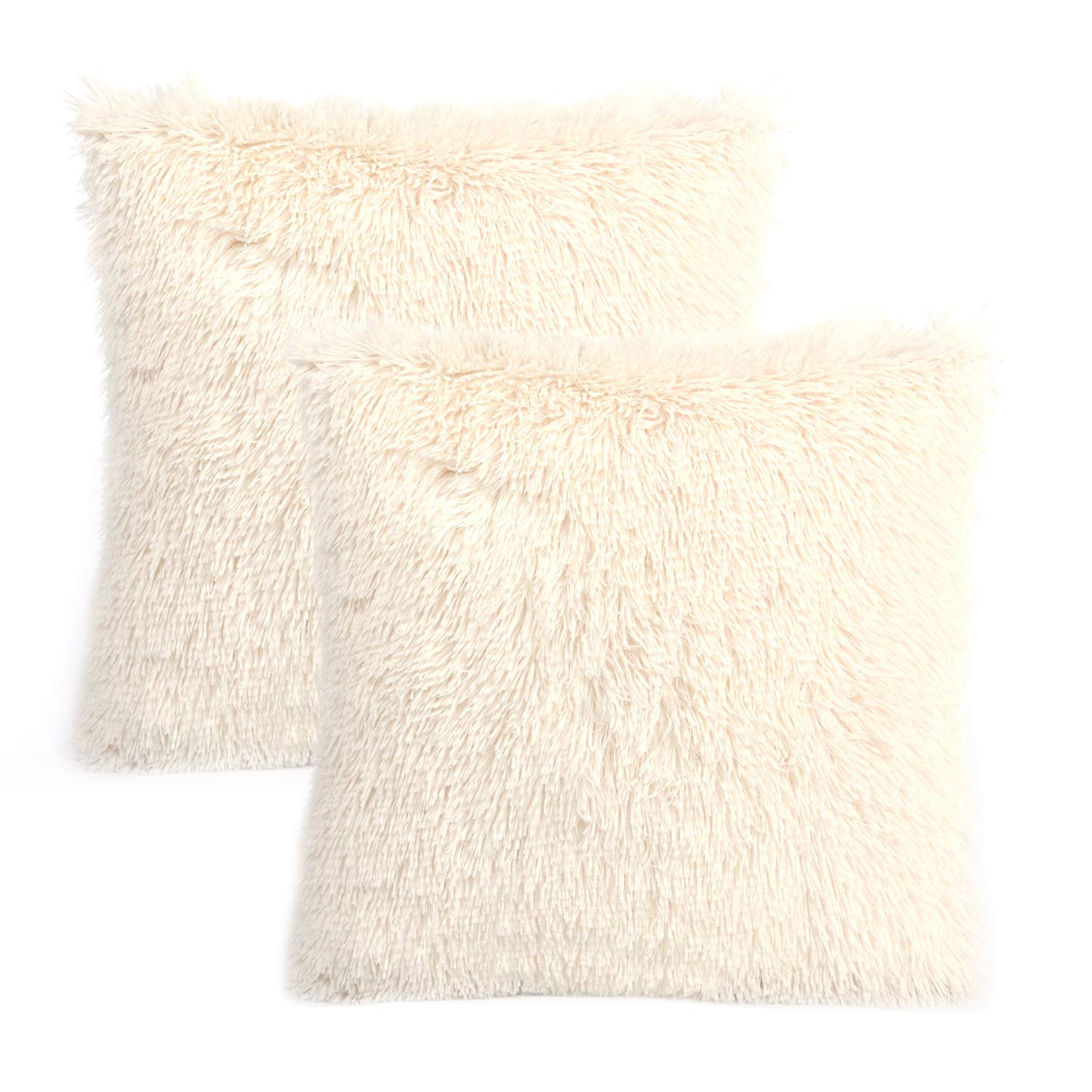 YOUR SMILE Pack of 2, Decorative Plush New Luxury Series Merino Style Faux Fur Throw Pillow Case Cushion Cover 18" x 18"(Ivory,White)