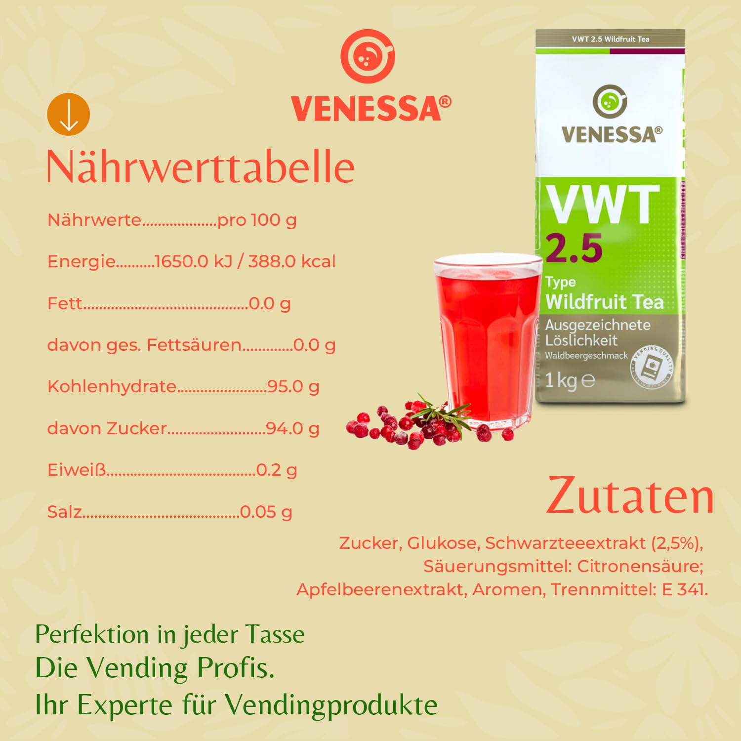 VENESSA VWT 2,5 napój herbaciany z dzikich owoców, 20 x 1 kg, aromatyzowana czarna herbata z kwaśną i słodką nutą dzikich owoców, do automatów