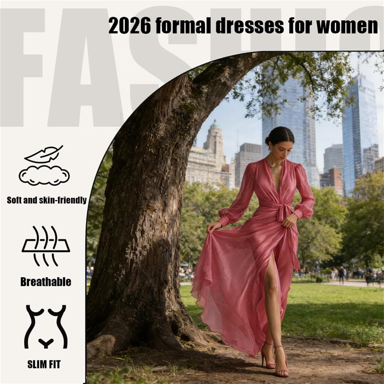 Generico Abito Lungo Elegante da Donna in Chiffon Rosa Perlato, Scollo a V, Cintura in Vita, Modello Bodycon con Arricciature e Orlo a Balze (Rose Red,XL)