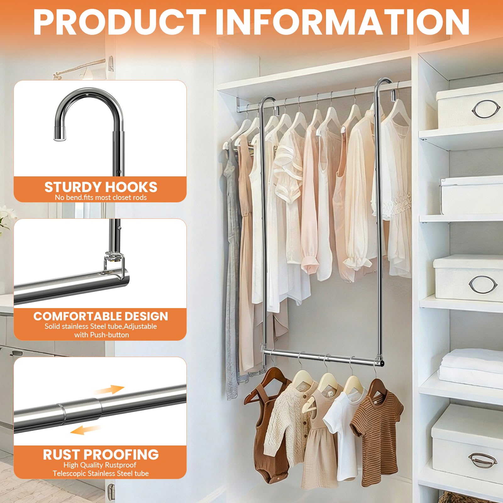 Hanging Closet Rod, Adjustable Height & Width Closet Rods for Hang ing Clothes-Closet Extender Rod Space-Maximizing Design Suitable for Hanging and Drying Clothes, Silver — view 5
