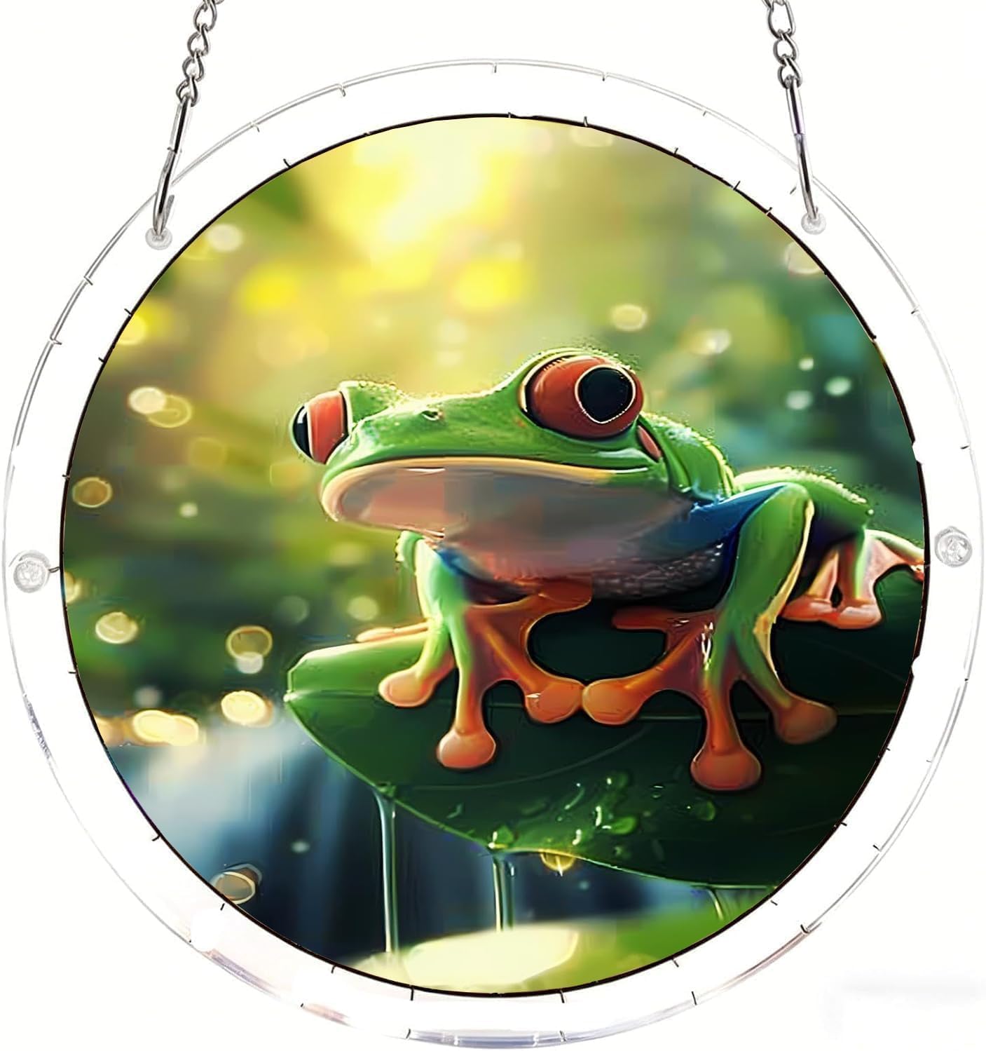 The Frog Sitting on a Green Leaf Acrylic Jigsaw Puzzles Suncatcher, 8.9 Inch Window Hanging Suncatcher Acrylic Puzzle, DIY Home Decor Art Gift