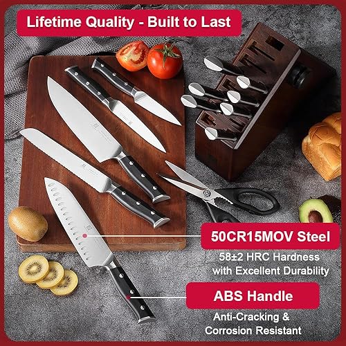 Miniatura 6 de Juego de cuchillos, juego de cuchillos de cocina de 15 piezas con bloque y afilador, acero inoxidable de alto carbono 50Cr15Mov, cuchillos