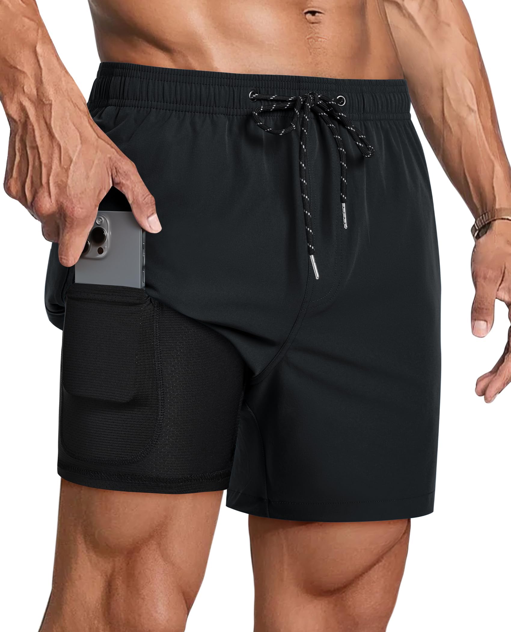 5inch Mens Swim Trunks: 2 in 1 with Compression Liner Lined Stretch Quick Dry Drawstring Zipper Pockets Beach Pool-image-10